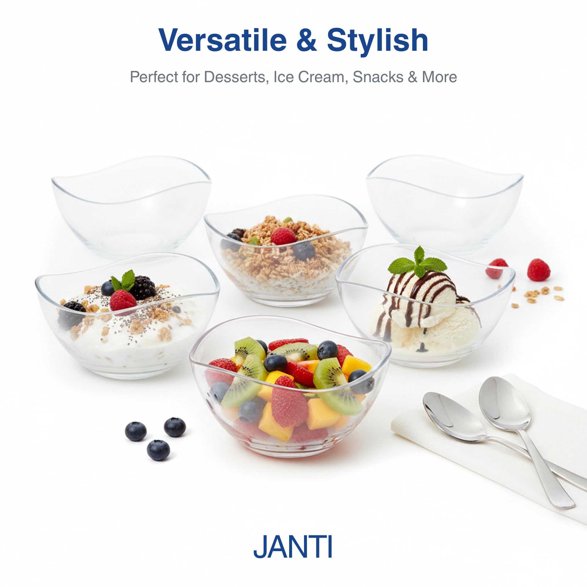 JANTI Set di 6 Ciotole in Vetro da 310ml - Insalatiera Vetro, Ciotole Vetro Dessert, Ciotole Aperitivo, Coppette Gelato Eleganti e Versatili - Design Moderno Ciotola Vetro - Ciotole Antigraffio