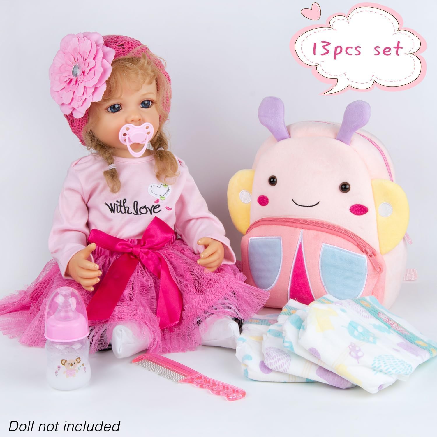13 Pcs Reborn Baby Doll Clothes Accessories for 18-20 Inch Girl Newborn Baby Doll Clothes Pink Butterfly Backpack Accessories Doll Diaper Set Girl Gift Set