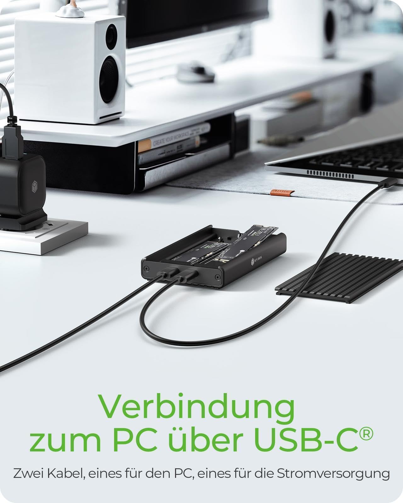 ICY Box 2-Fach M.2 SSD / NVMe Gehäuse, USB 3.2 Gen 2 (20 Gbit/s), Kühlsystem, Dual PCIe Gen 3x2 Unterstützung, USB-C, M-Key, Extern, NVMe Adapter, Aluminium, Schwarz