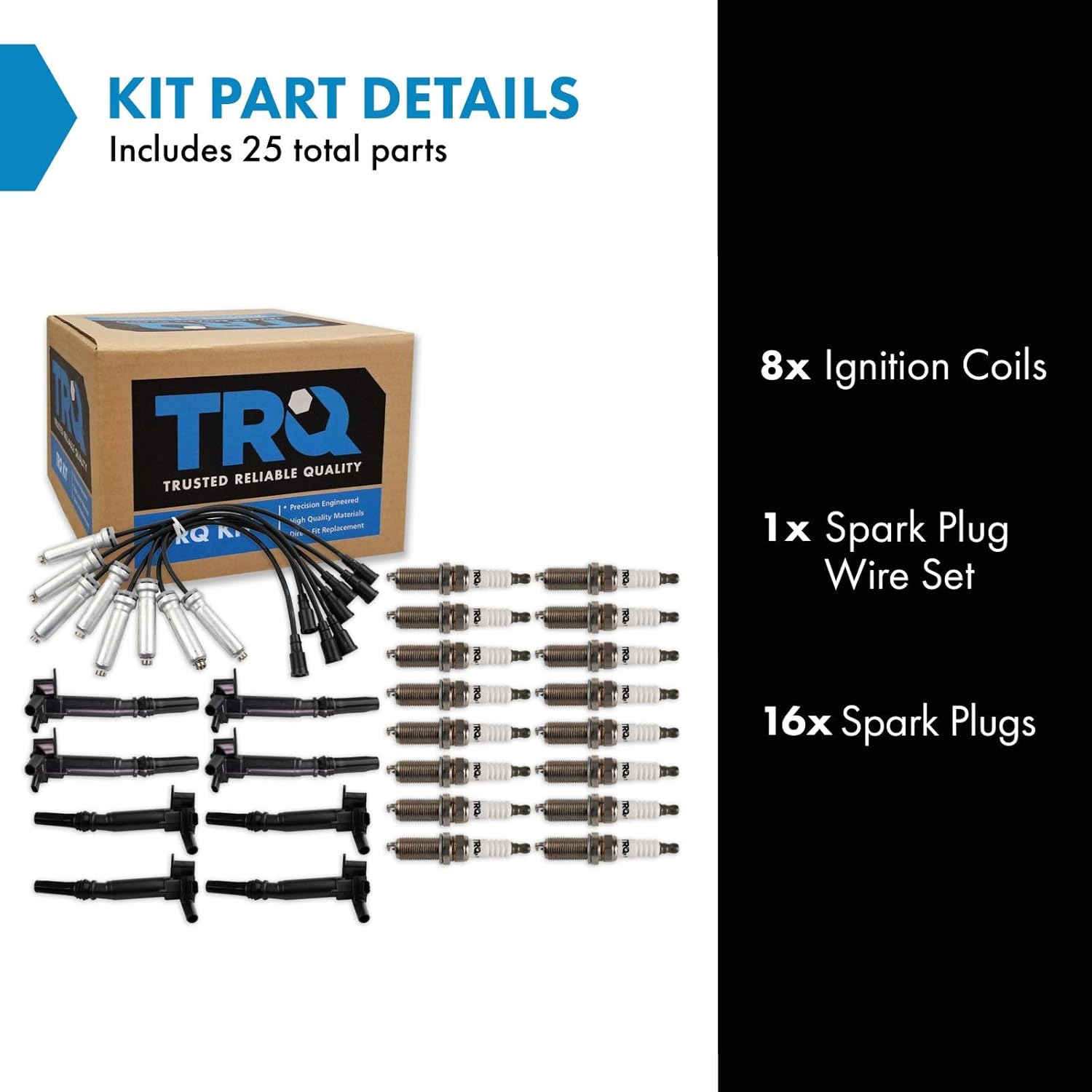 TRQ Ignition Coils, Iridium Spark Plugs and Wires 25 Piece Kit Compatible with 2018-2019 Ford F250/F350 Super Duty with 6.2L V8 Gas
