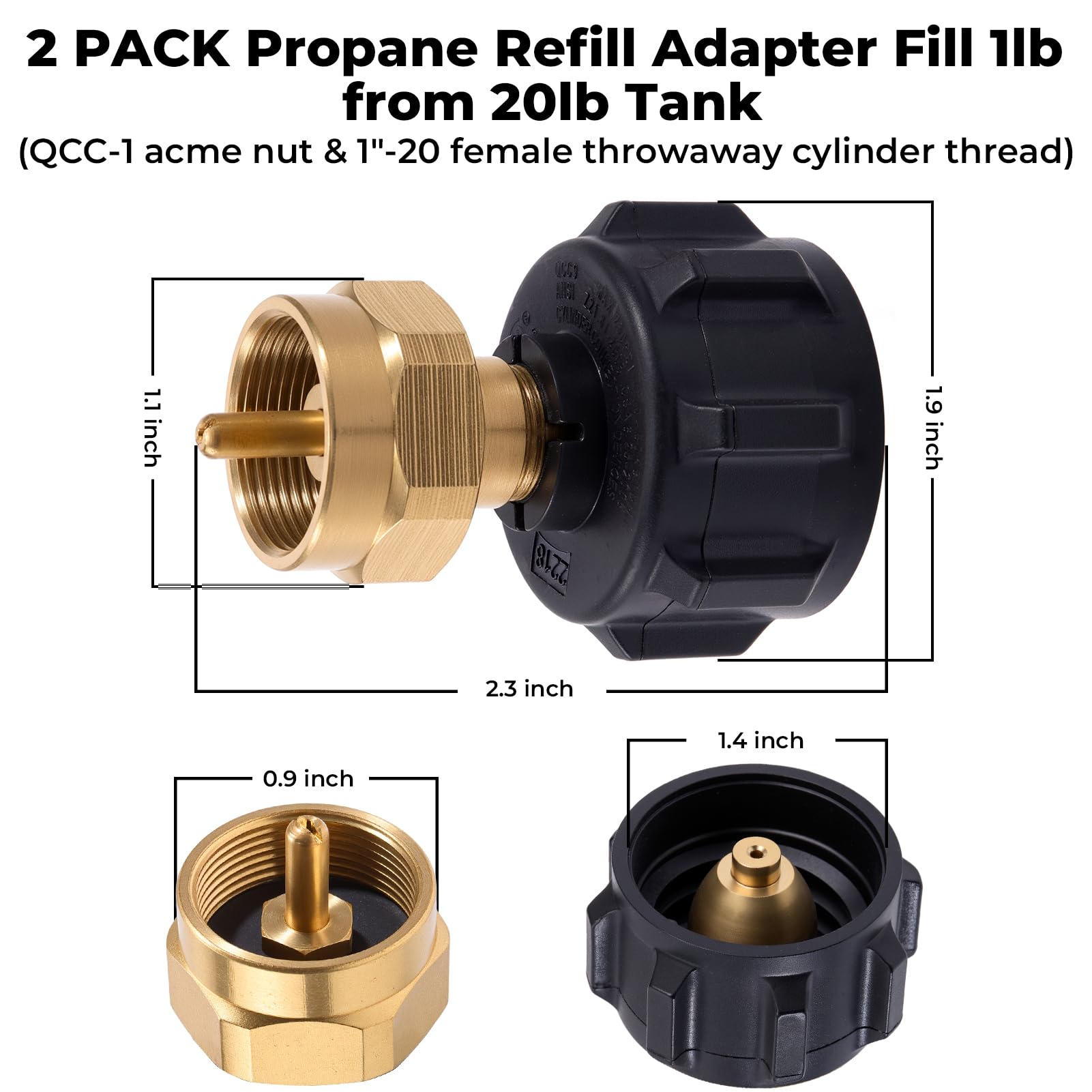 2 PACK Propane Refill Adapter from 20lb Tank to 1lb Tank, 1lb Tank Refill Adapter QCC-1 acme nut & 1