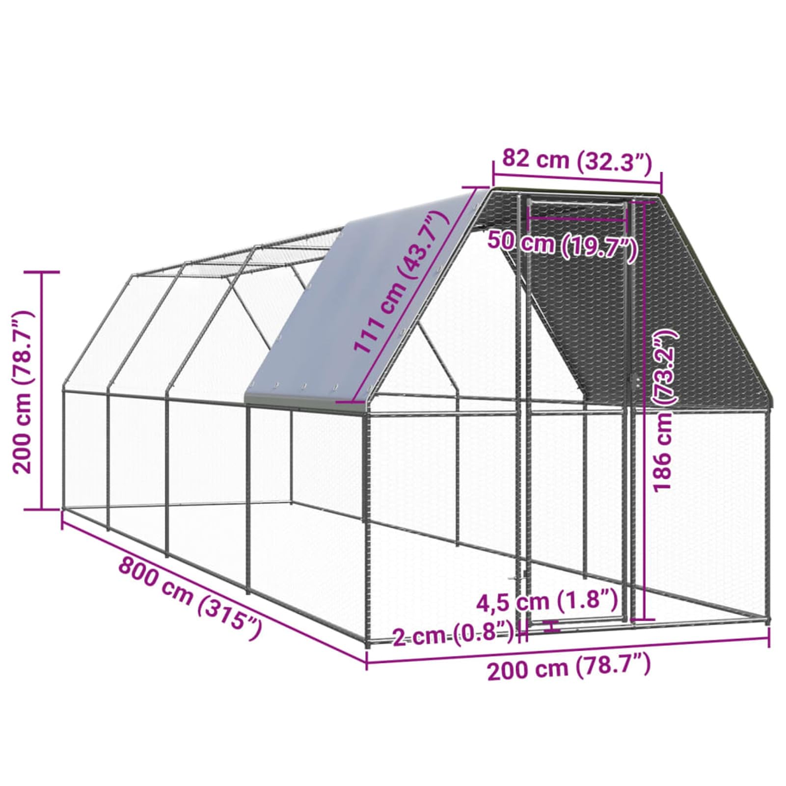 Gecheer Pollaio Esterno, Recinto per Polli e Anatre 2x8x2 m in Acciaio Zincato con Tetto in PE Resistente all'Acqua e Porta con Chiusura for Allevamento All'Aperto
