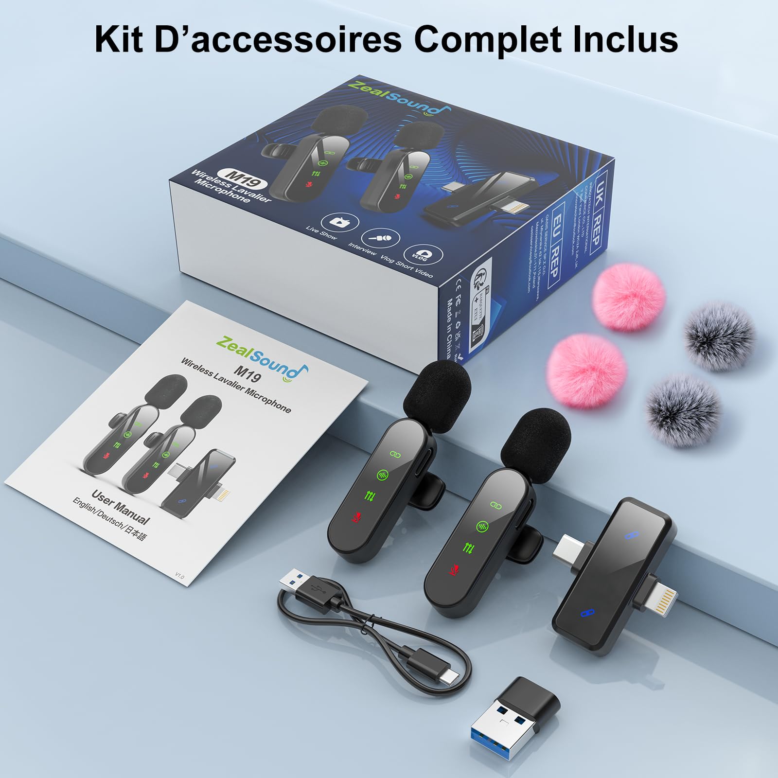 zealsound Micro Cravate sans Fil pour iPhone/Android/PC, avec Réduction du Bruit & Muet, pour Vlog, Enregistrement Vidéo, Streaming TikTok Youtube Podcast, avec Port USB-C & Lightning pour iPhones