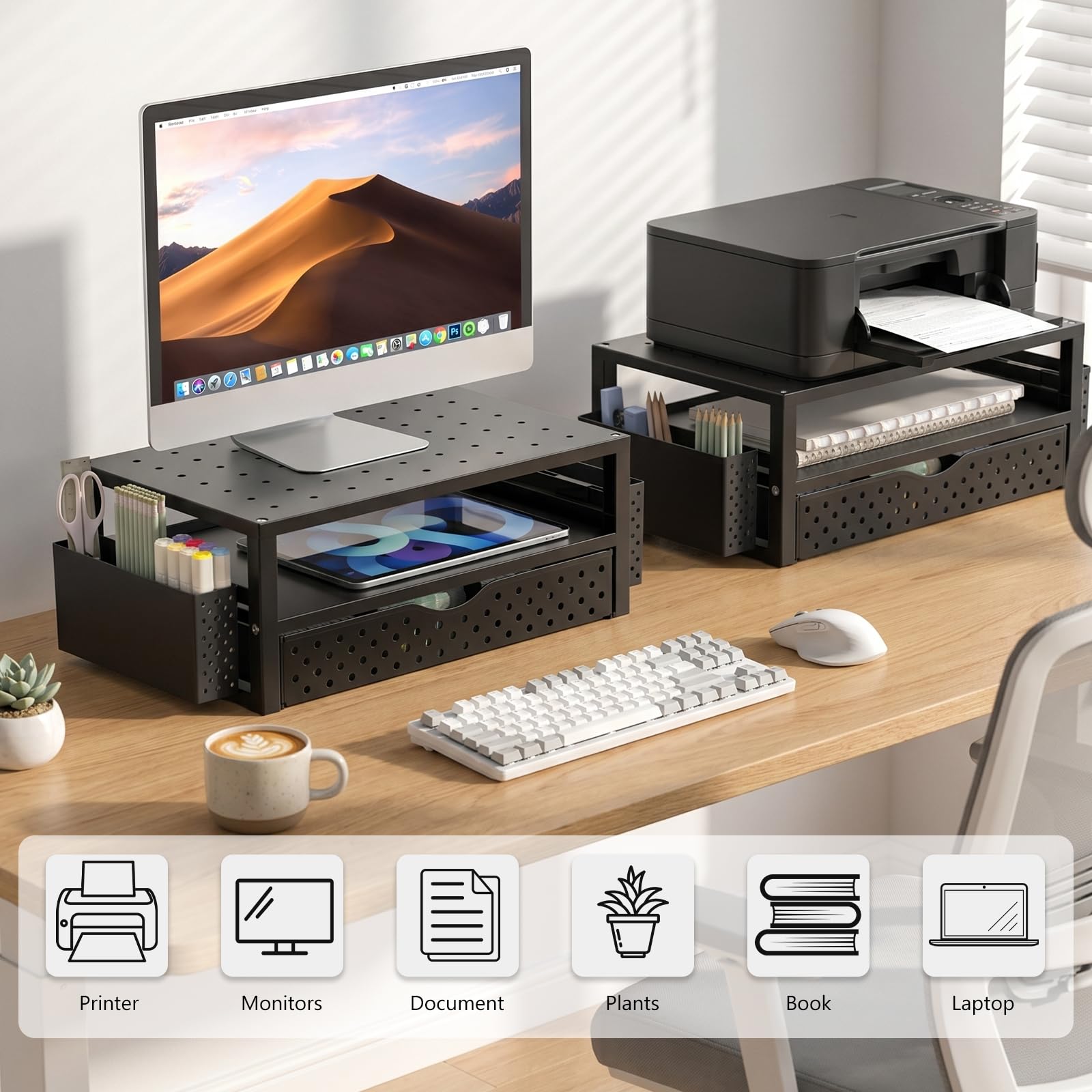WALI Desk Organizer with Drawer and Pen Holder, 3 Tier Computer Monitor Stand for Home Office Supplies, Laptop Stand Riser for Computer, Laptop, Printer(PTT004-B), 1 Pack, Black view 8
