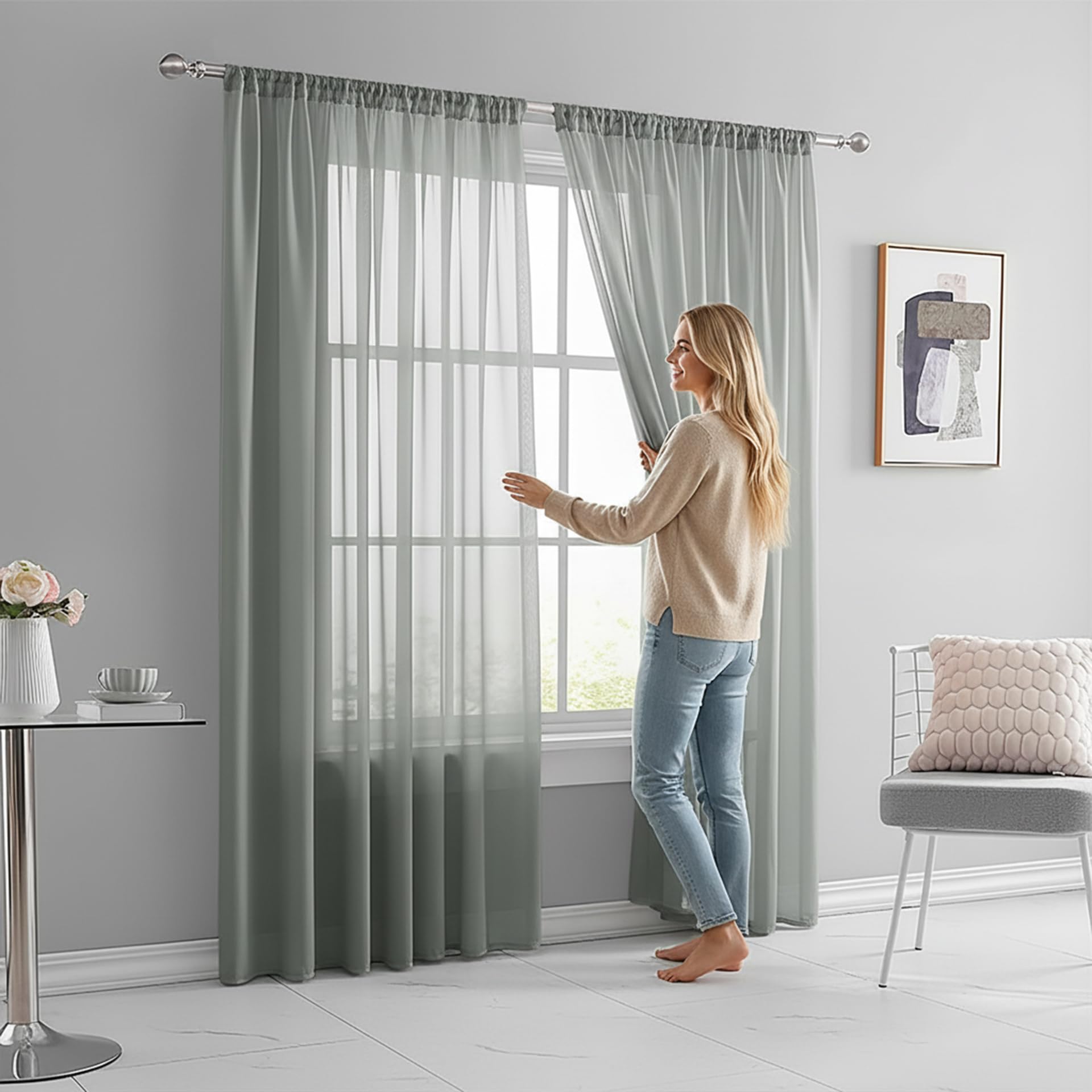 AMZYU Sheer Curtains for Living Room 260 x 195 cm Semi Transparent Sheer Curtains Short Wrinkle Resistant Solid Colour, Privacy Protected for Bedroom and Kitchen, Grey