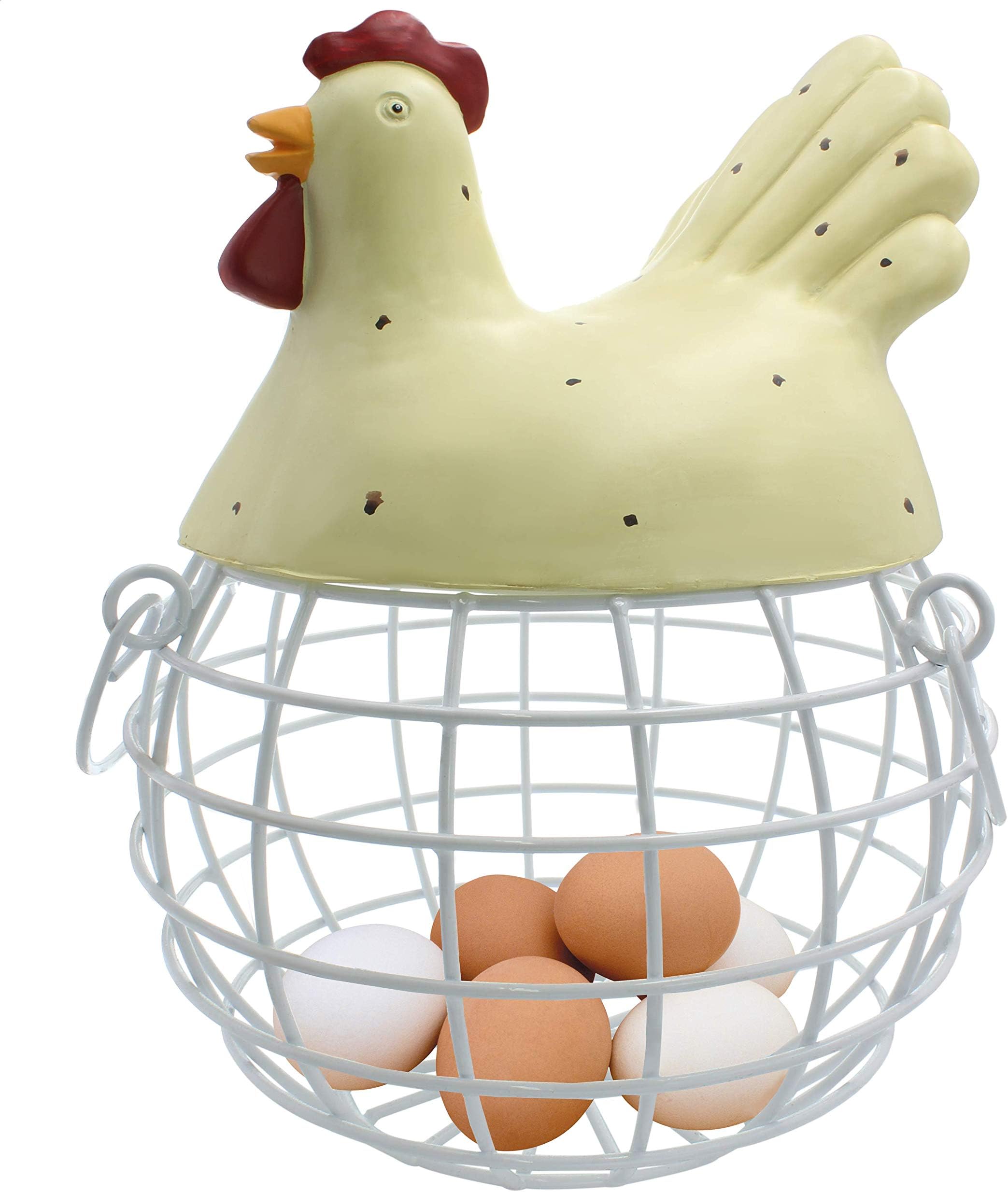 Metal Wire Egg Storage Basket with Ceramic Farm Chicken Top and Handles (9.25”x 10.25”x 12”) (White)