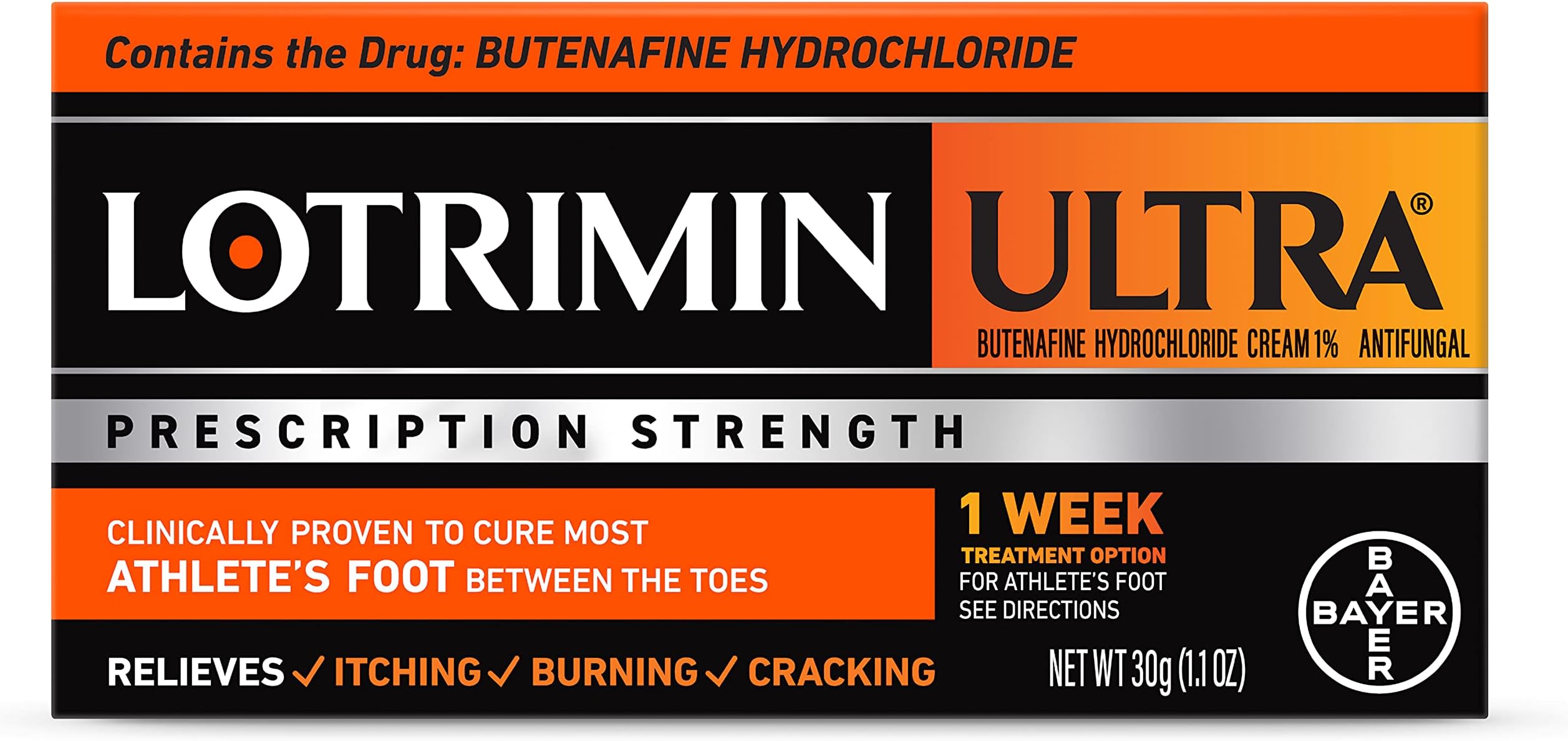 Ultra 1 Week Athlete's Foot Treatment, Prescription Strength Butenafine Hydrochloride 1%, Cures Most Athlete’s Foot Between Toes, Cream, 1.1 Ounce (30 Grams)
