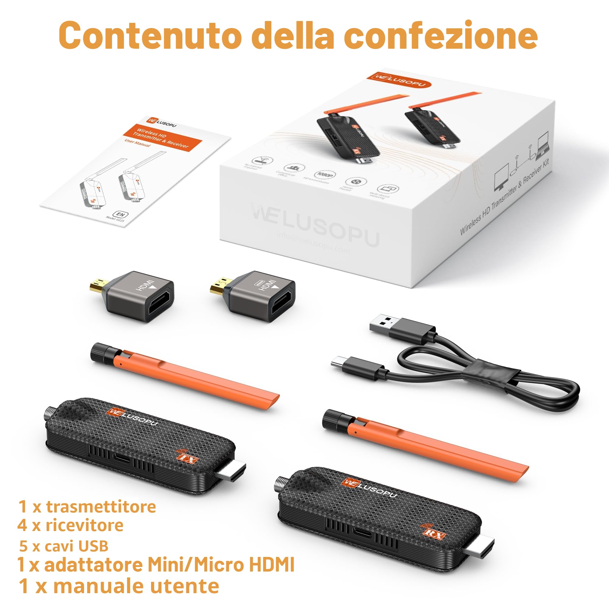 Trasmettitore e 4 Ricevitori HDMI Wireless con Fino a 6 RX, Trasmissione 5G Plug & Play Visualizzazione APP, 1080P@60Hz con Decodifica Video 4K per Laptop Fotocamera Monitor Proiettore - 165FT/ 50M