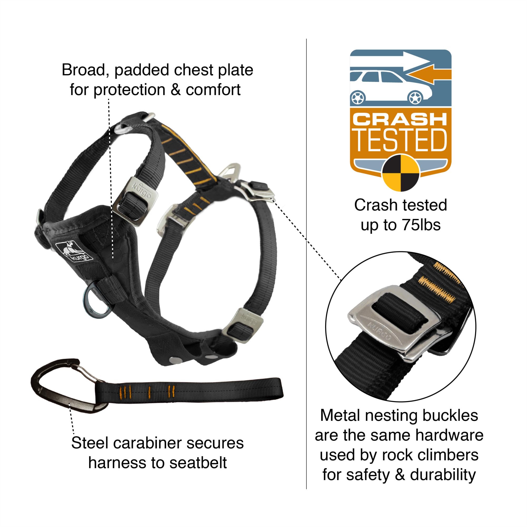 Kurgo Enhanced Strength Tru-Fit Dog Car Harness - Pet Travel Safety Harness - Crash Test Certified Fit - Five Point Adjustment - Secure Buckle - Padded Chest - Black - Small - image 2
