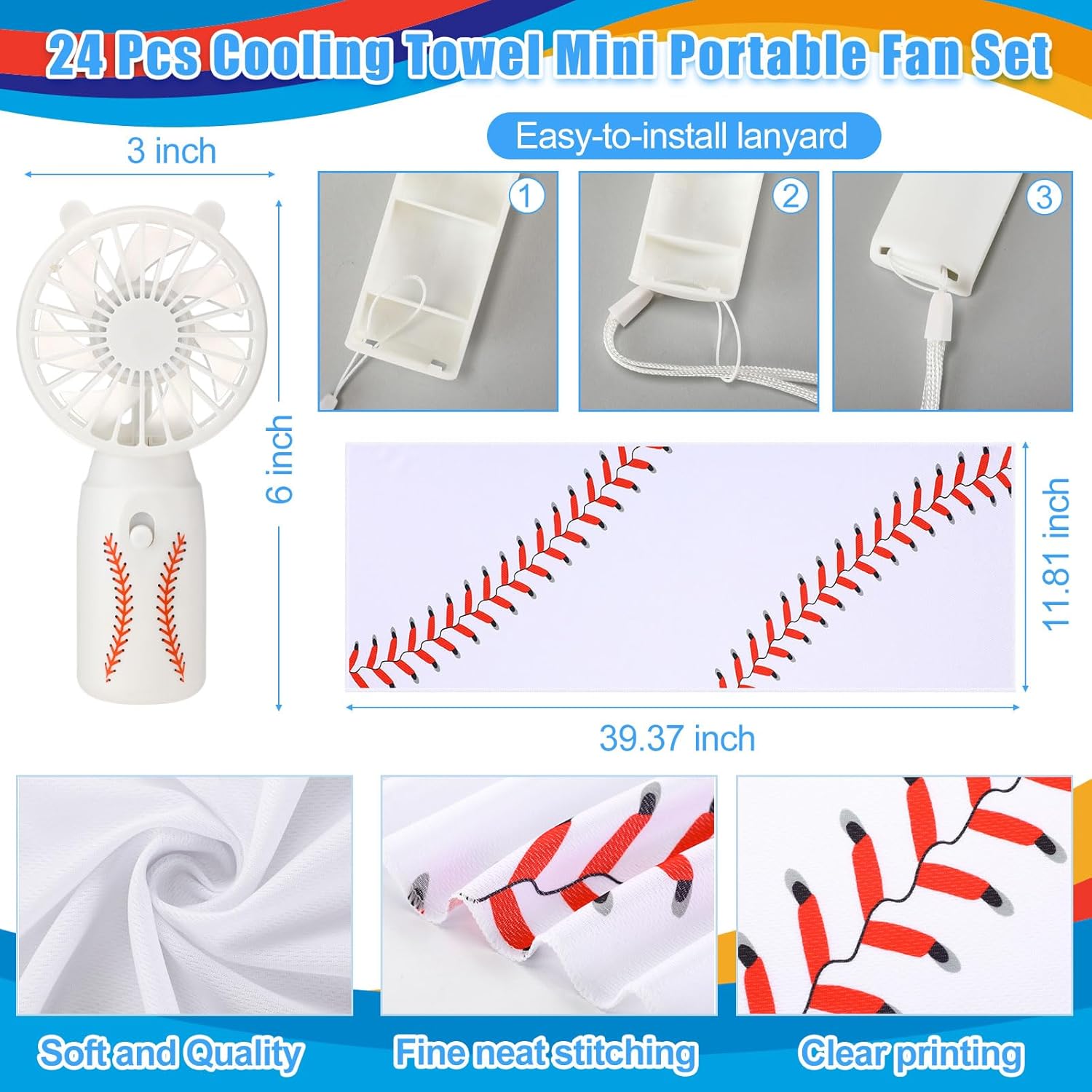 Retisee 24 Pcs Cooling Towel Mini Portable Fan Set 32 x 12 Inch Ice Towel Chilly Handheld Battery Powered Fan Cooling Sport Gifts for Travel Makeup Yoga Camping Running Summer (Baseball,White)