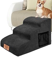 MASTERTOP Hundetreppe 3 Stufen, Hochdichter Schwamm Haustiertreppe Hundetreppe für kleine Hunde, rutschfest Tragbar Hunderampe Katzentreppe mit Waschbar Plüschbezug für Sofa Betten(Schwarz)