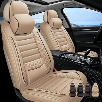 5 Seats Leather Car Seat Cover for Nissan,Waterproof Breathable car seat Covers,Airbag Compatible seat Cover CushionsBeige,Full Set with Pillows