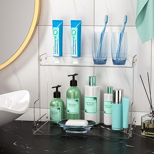 Miniatura 5 de Organizador acrílico de 2 niveles para encimera de baño, estante de esquina, bandeja de tocador, organizador de tocador para almacenamiento de