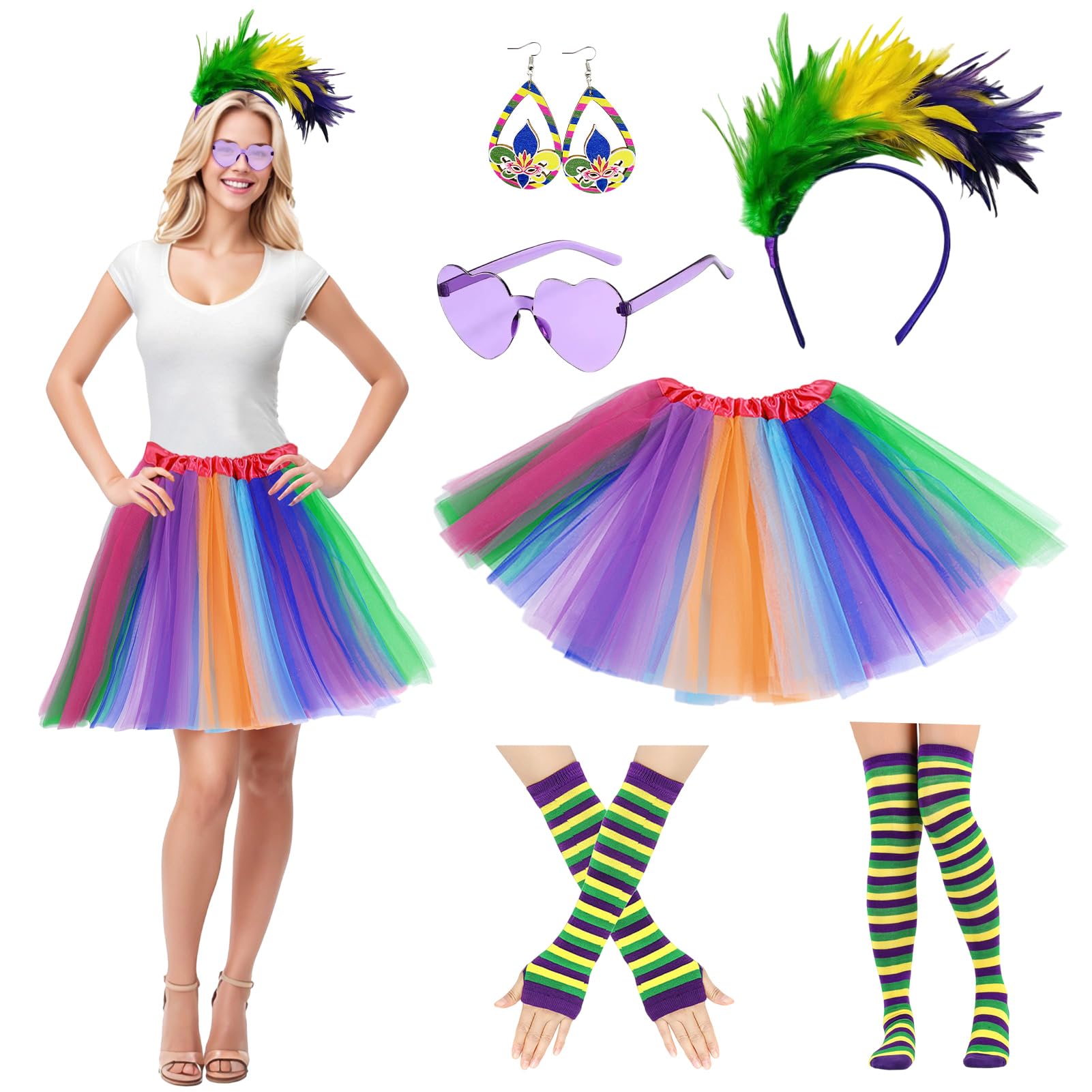 HarnyLoom 80s Fancy Dress for Women Girls Rainbow Costume Neon Tutu Skirt Headband Leg Warmers Gloves Sunglasses Carnival Dress Up Outfits for Carnival Mardi Gras 1980s Party(Rainbow 2)