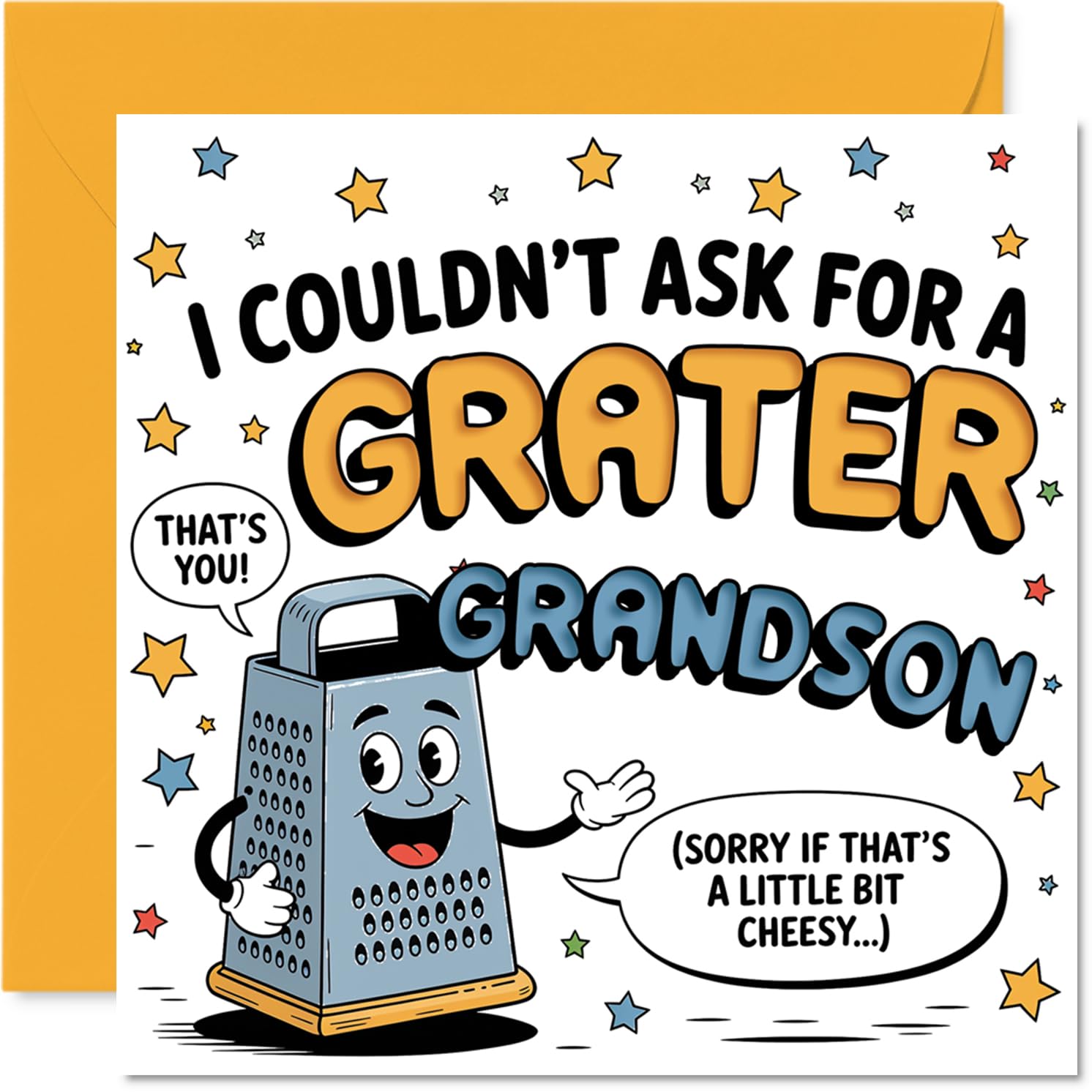 Funny Birthday Card for Grandson - Full of Cheesy Laughs - Cartoon Grater Pun with Playful Yellow and Blue Design - 145mm Square, Envelope Included
