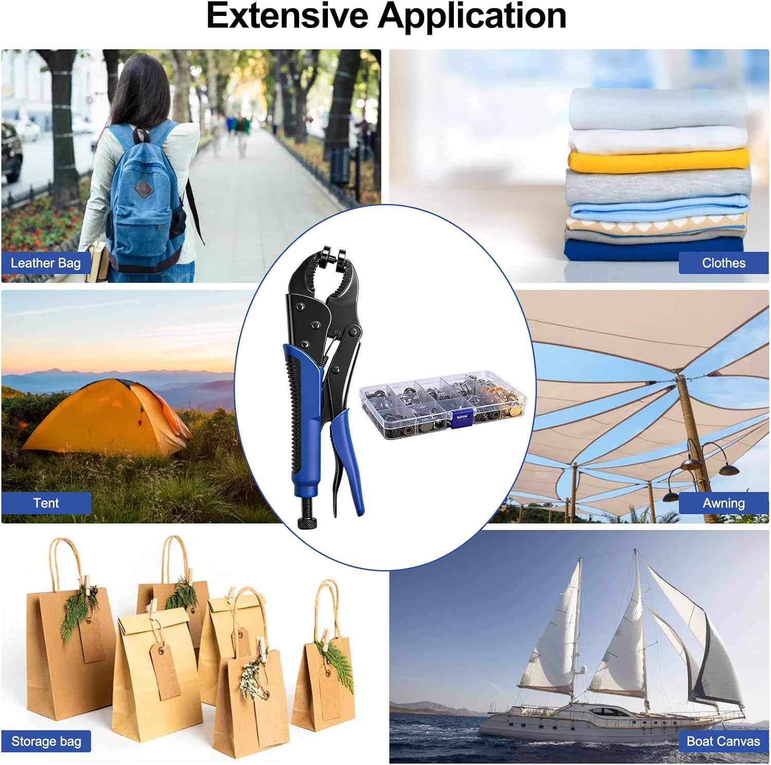 Heavy Duty Snap Fastener Tool Kit with 5 Dies and 15mm Metal Snaps, 266 PCS 4 Color Stainless Steel Snap Tool Set, All-in-One Fastener Repair for Boat Covers, Awnings, Denim, Leather, Canvas