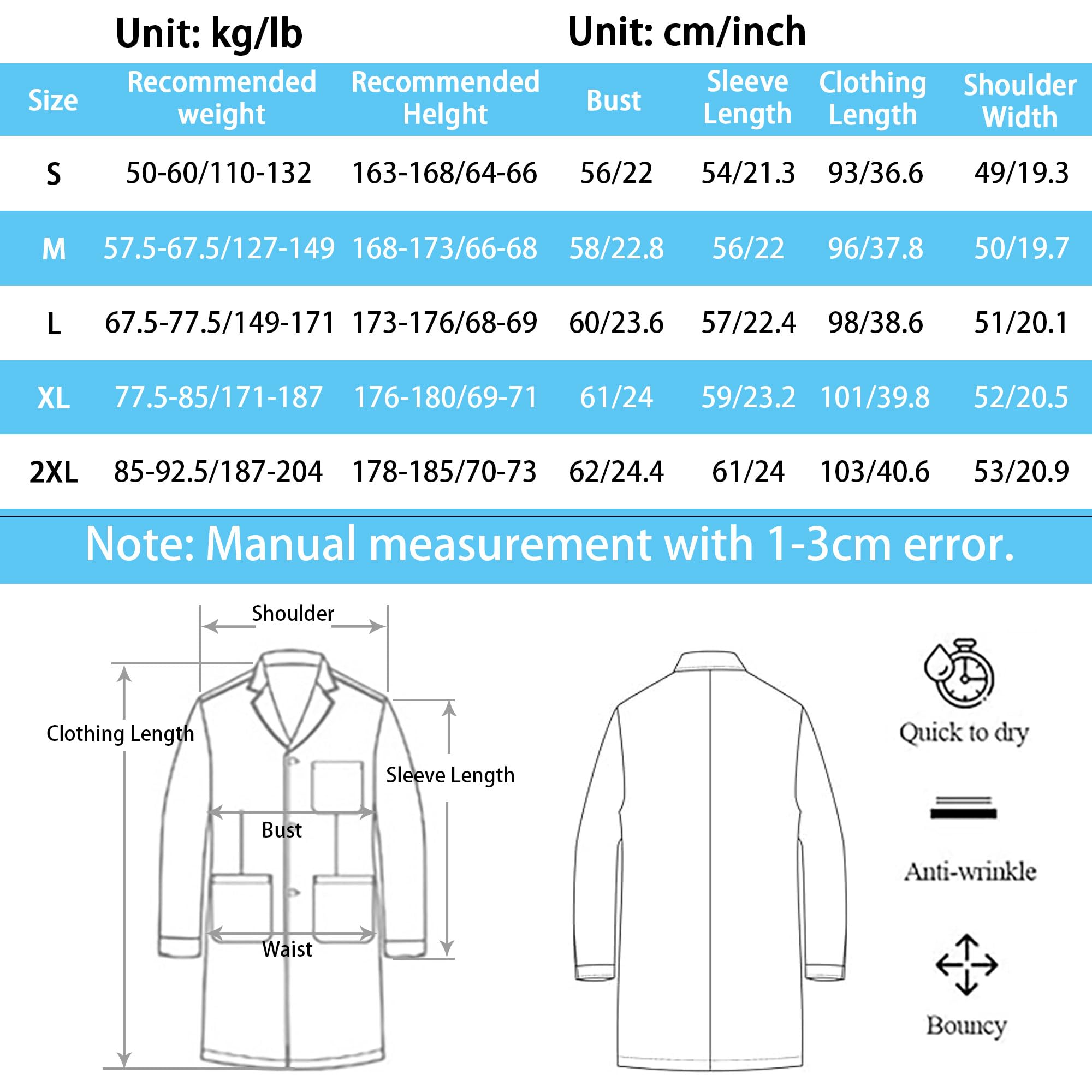 Bata de Laboratorio Médica Blanca Larga Manga Larga Uniformes Sanitarios con Bolsillos y Botones