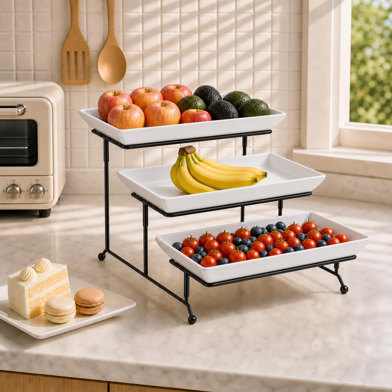 MALACASA Plateau de Service avec 3 Plats, Plateau Repas Céramique, Presentoir Aperitif Buffet 36x15.3cm, Presentoir a Gateau pour Fruits, Biscuits, Desserts, Blanc