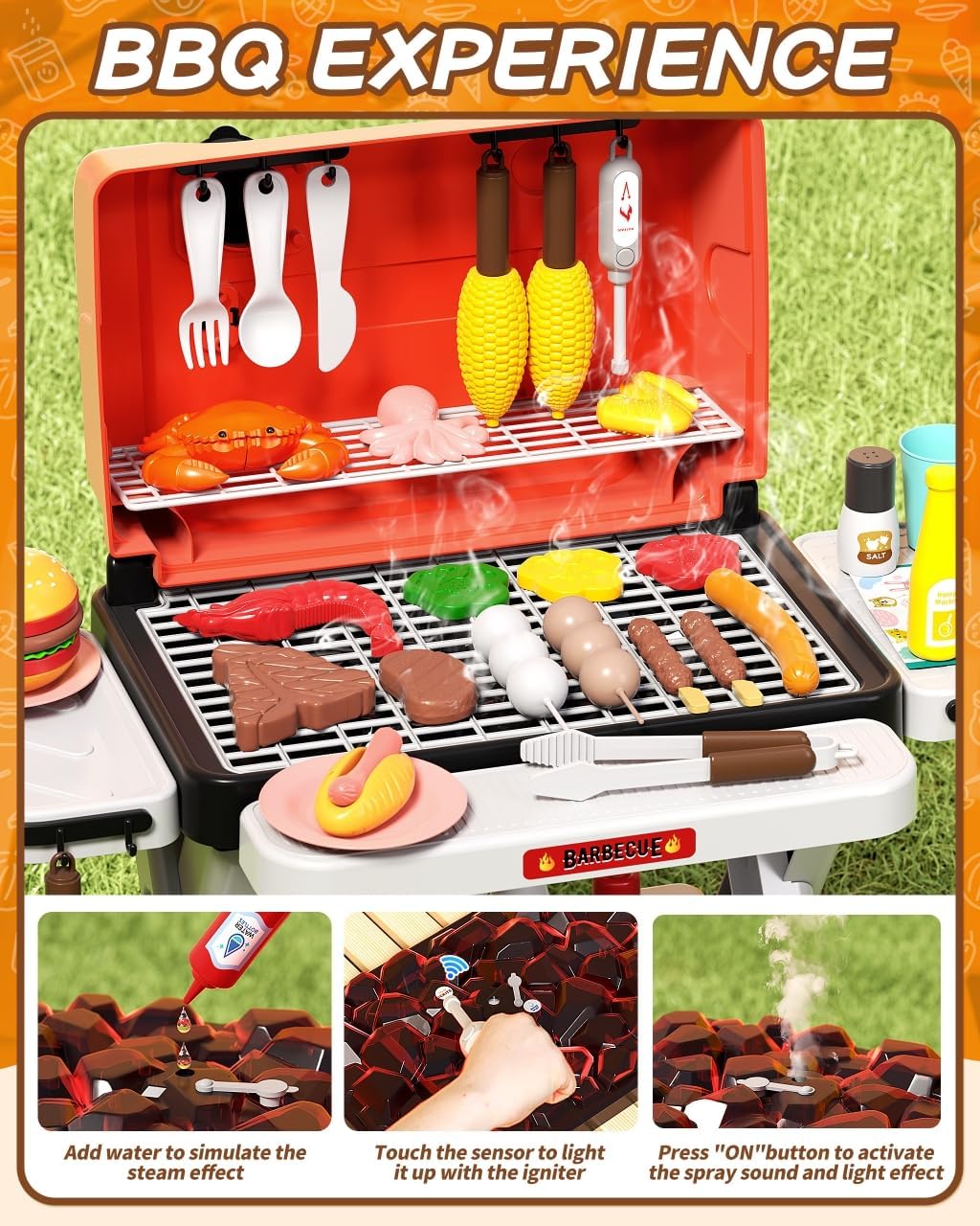 60pcs Kids BBQ Grill Kitchen Playset with Sound & Smoke, Play Toy Grill Set for Kids Ages 4-8, Pretend Food Barbecue Cooking Toys for Boys Girls 4 5 6 7 8