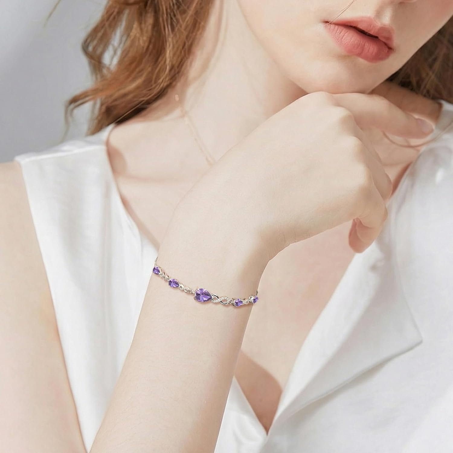 Birthstone Teardrop Infinity Bracelet for Women, Sterling Silver 9x7mm main Gemstone Charm Link Bracelet Adjustable, Anniversary Day Gifts for Wife Jewelry Gifts for Women Mom Girlfriend Her