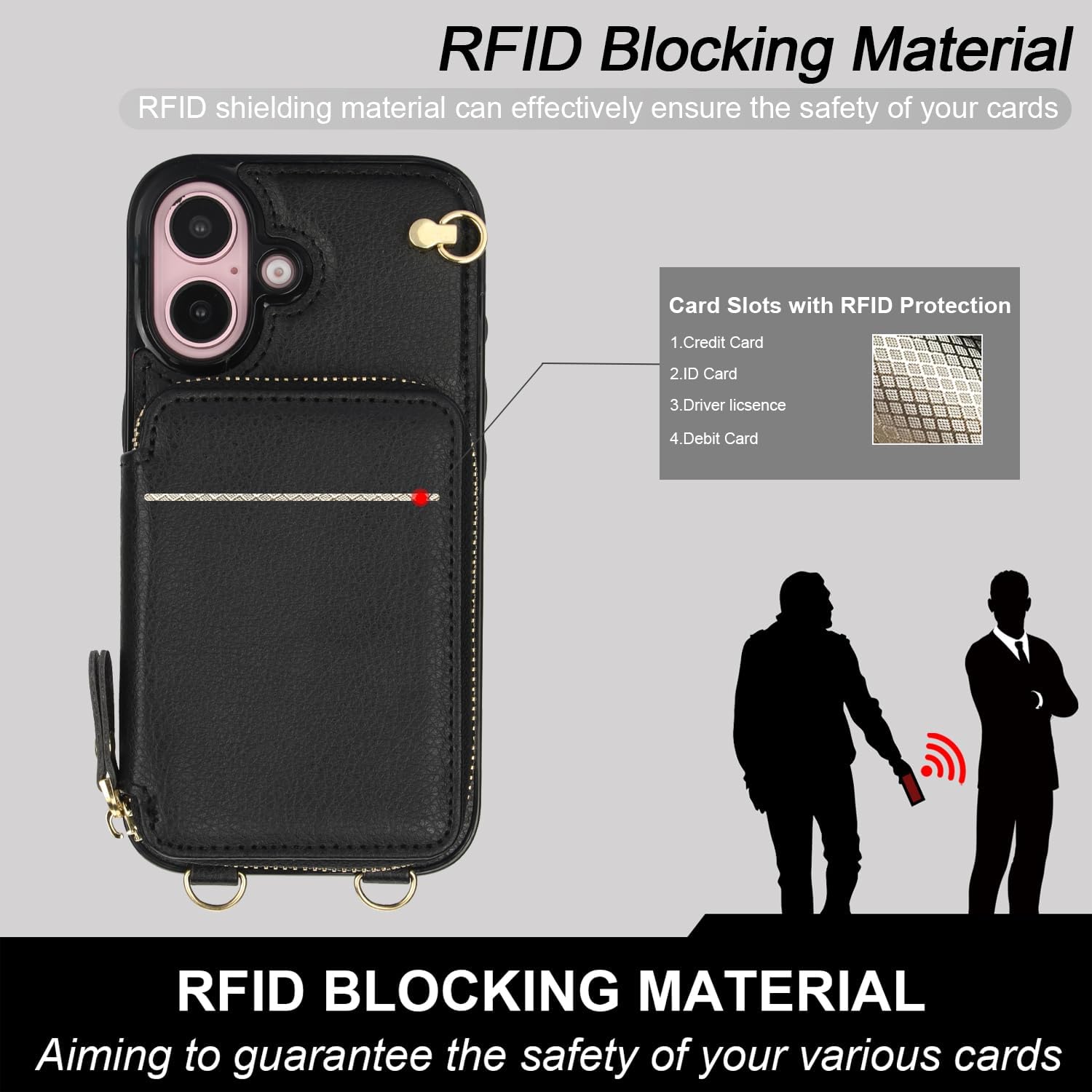 Bocasal Crossbody Wallet Case for iPhone 16, RFID Blocking Leather Purse Case with Card Holder, Protective Handbag Flip Cover with Zipper Wrist Strap Lanyard for Women 5G 6.1 Inch (Black) - Image 4