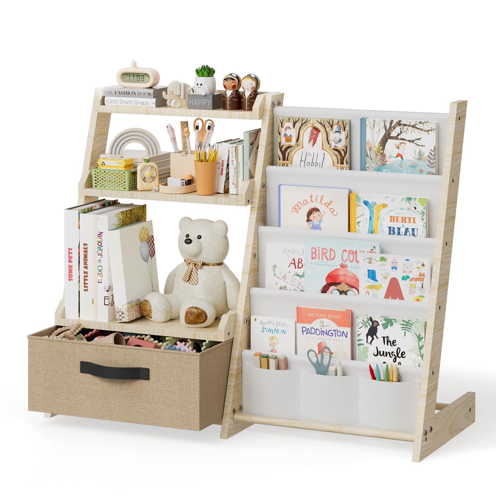 Kinderregal mit Spielzeugorganizer 2-in-1 – Bücherregal aus Holz & Stoff mit 4 Fächern, Schublade & Stifteetaschen – Kindersicheres Regal 68 cm hoch für Kinderzimmer, Kindergarten (Weiß)