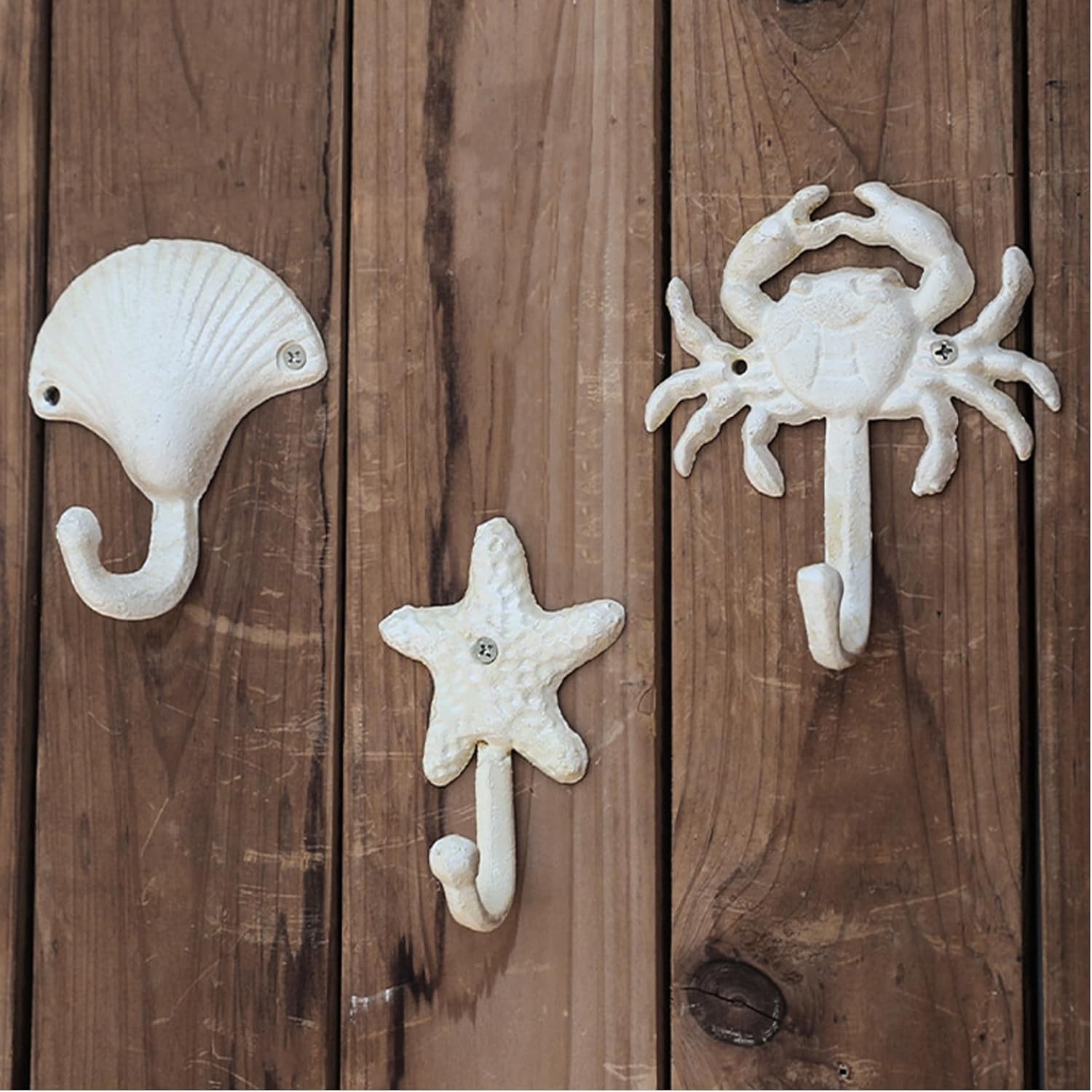 Set of 3 Starfish Seashell Crab Cast Iron Decorative Wall Hooks Coats Aprons Hats Towels Hooks Beach Ocean Theme Chic Metal Hooks (White) - Image 2