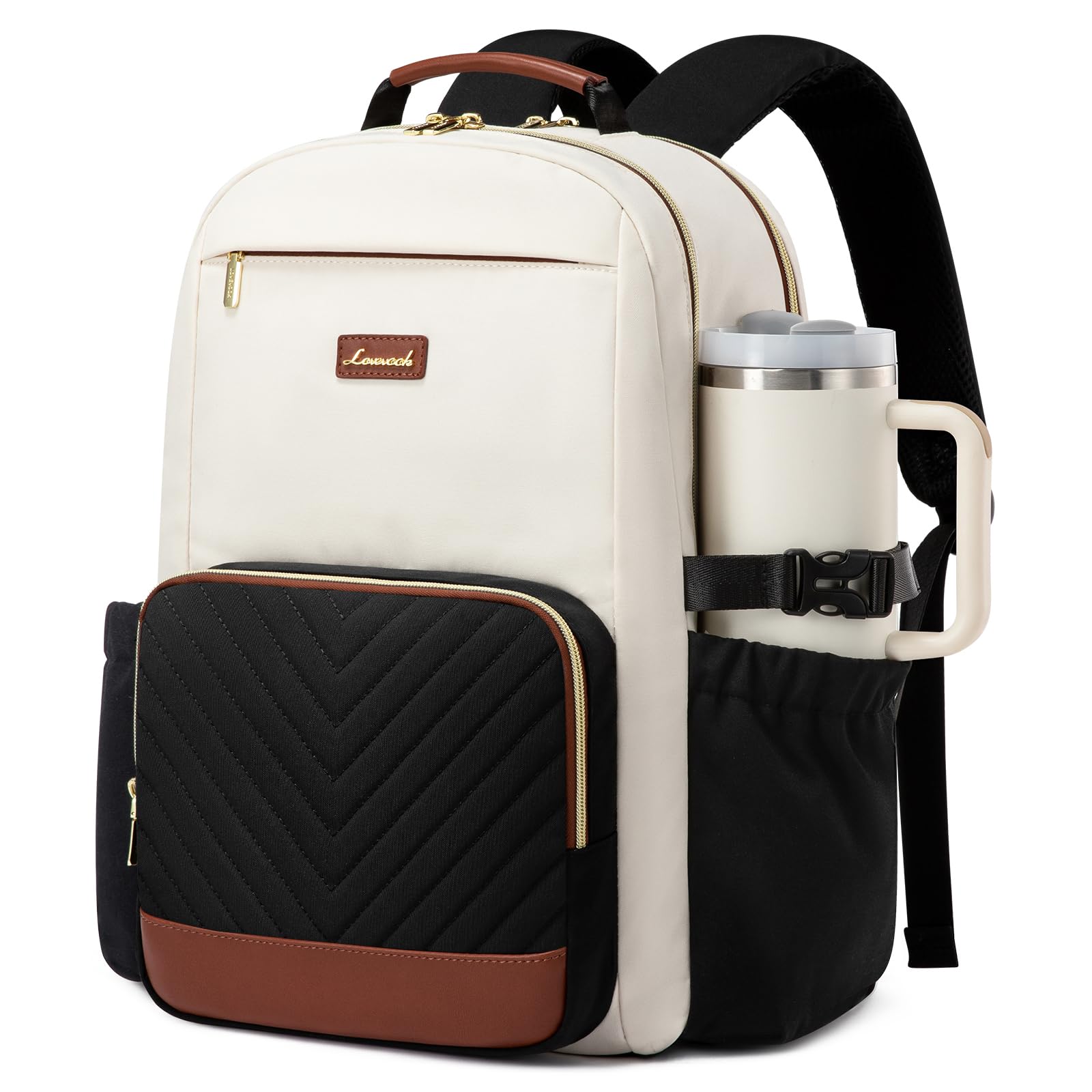 LOVEVOOK Laptop Backpack for Women with Pouch Pocket for Large Capacity Cup,15.6 Inch Laptop Computer Bag Travel Backpack Purse,Work Business Backpack College Teacher Bags,Beige-Black-Brown + V-shaped