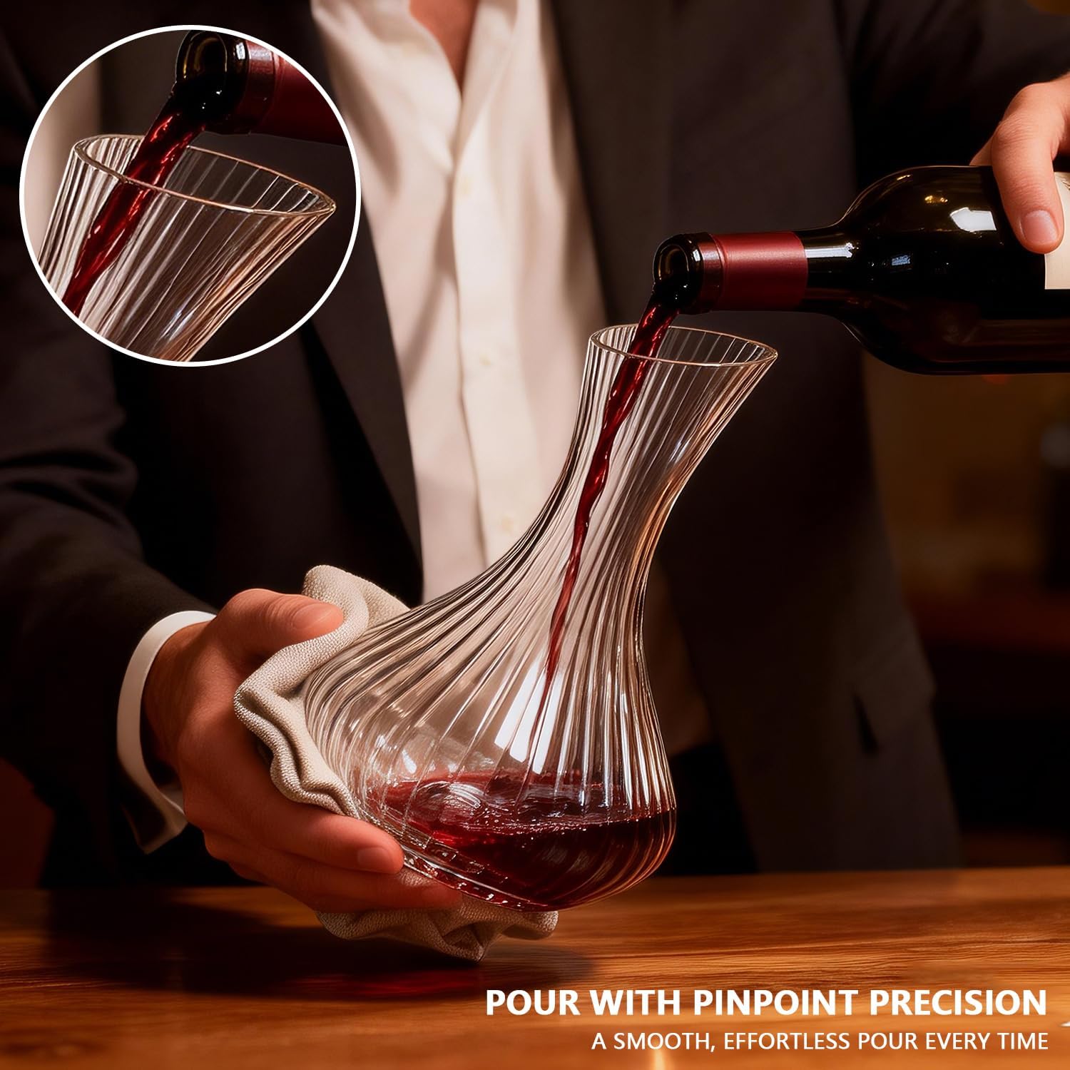 Wine Decanter with Aerator, Ribbed Crystal Glass Red Wine Carafe Decanter, Wine Accessories, Hand-Blown Lead-Free, Wines Lovers Gifts for Women, Men