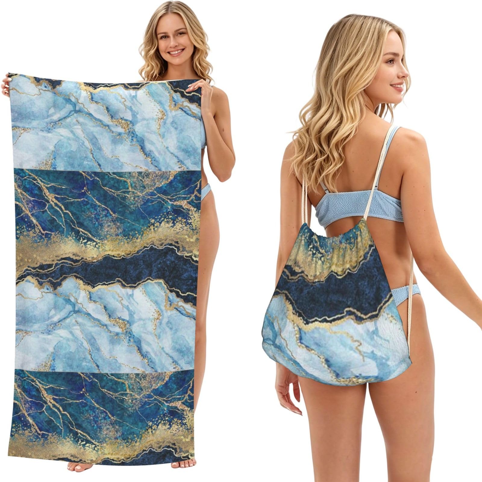 Poadnly As Picture Abstract Paint Gold Glitter Blue Marble, 2 In 1 Packable Towel Bag, Beach Towels With Drawstring Backpack For Travel Holiday Camping