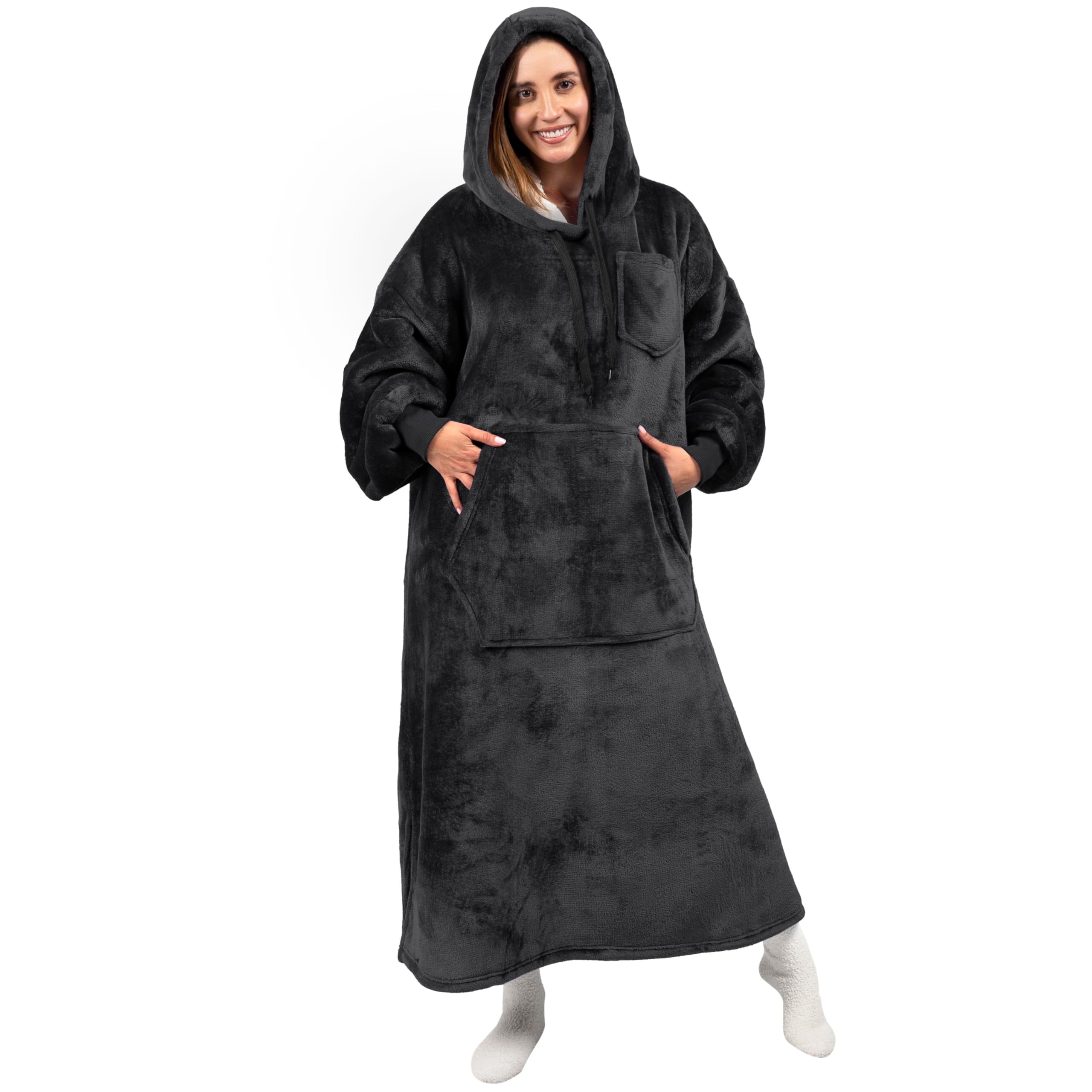 PAVILIA Blanket Hoodie for Women Black, Sherpa Wearable Blanket Men, Cozy Oversized Sweatshirt Blanket, Warm Fleece Hooded Blanket Sweater with