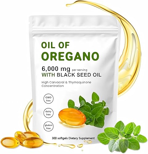 J-PRQ Cápsulas blandas de aceite de orégano, 300 cápsulas de suplemento de aceite de orégano orgánico, sin OMG, 6000 mg de aceite de orégano y 200