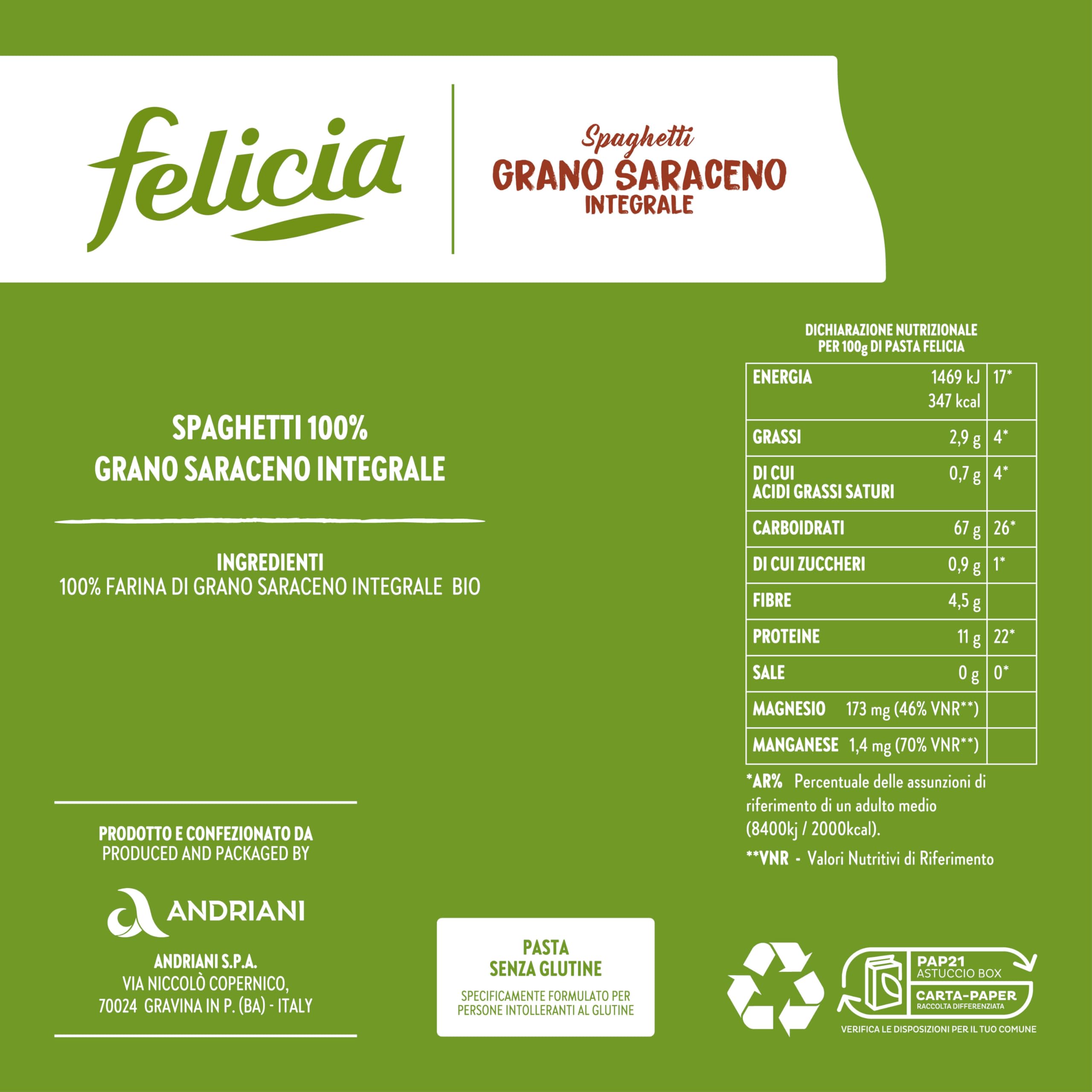 Felicia, Spaghetti di Grano Saraceno Integrale, Ricca di Magnesio, Ricca di Manganese, Fornte di Fibre, Senza Glutine, Bio, Vegan, Gusto Deciso, Box da 12 Confezioni