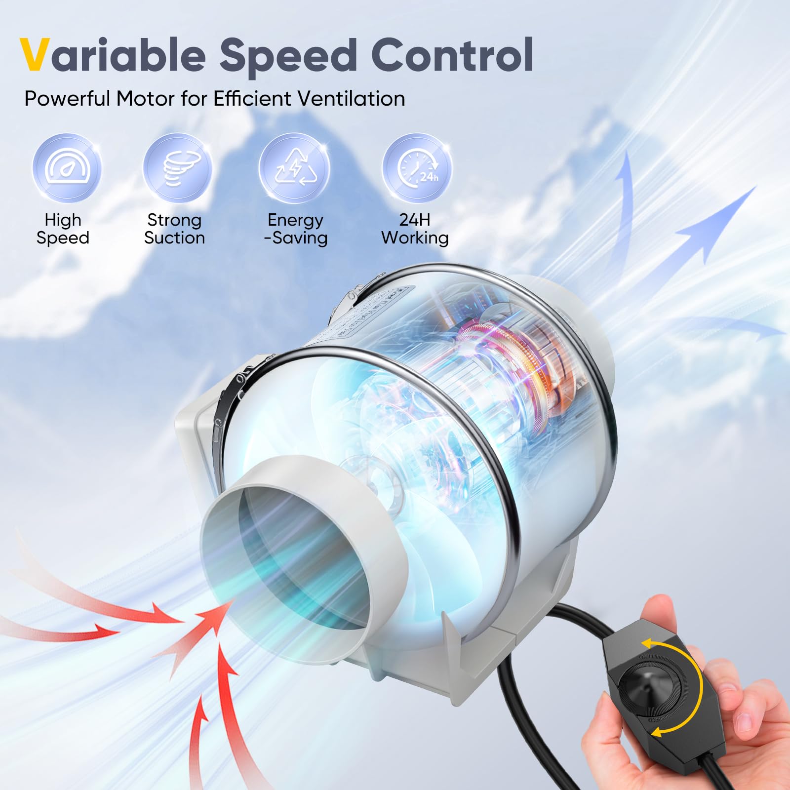 Extractor de aire en línea de para baño, extractor de humos con caudal de aire de 310 m³/h, control de velocidad variable, bajo nivel de ruido, para cocina, hidroponía y sótano