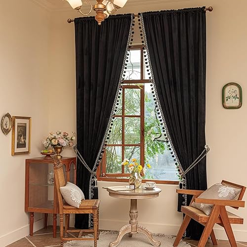 Miniatura 12 de Cortinas de Pompones de Lujo para Sala de Estar, Cortinas de Terciopelo Opaco de 2 Paneles, Juego de Cortinas de Dormitorio de Lujo con Borlas