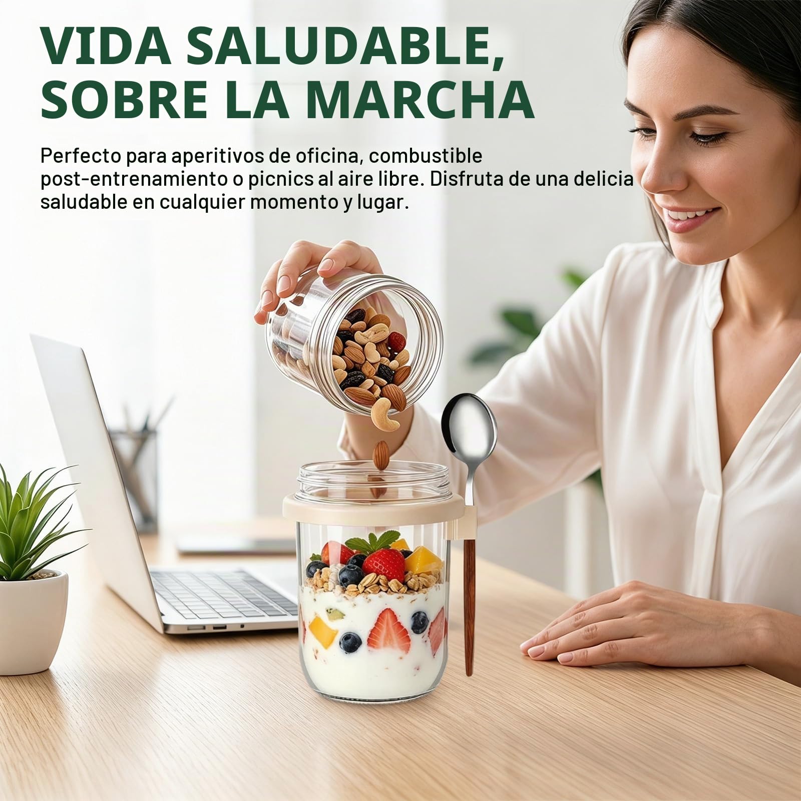 CEWROM Juego de 4 vasos de cereales para llevar, 480 ml de vidrio de avena con tapa, recipiente de cristal de doble pared con tapa, vaso de yogur para llevar y taza de cereales, adecuado para el