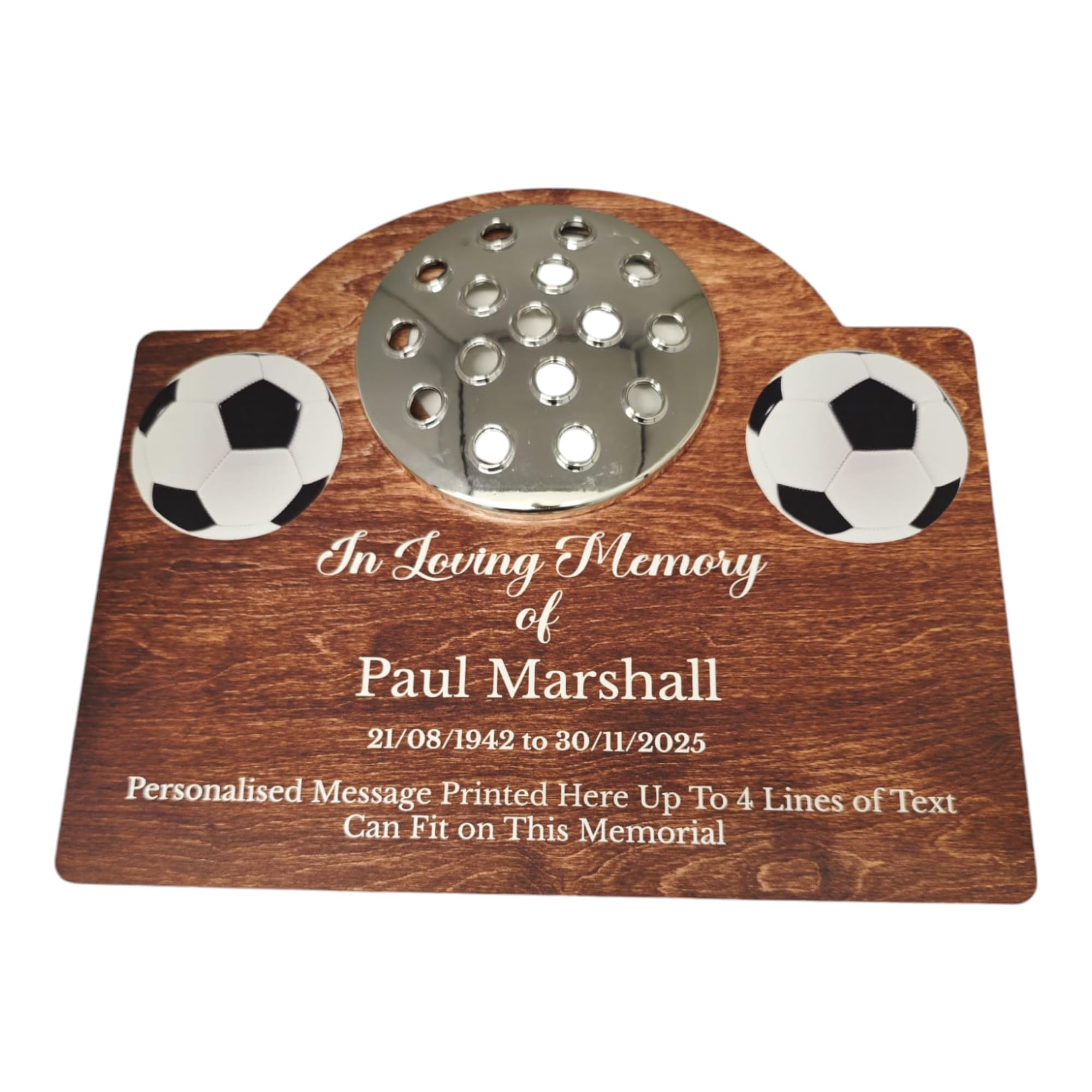 1stclassgifts Personalised Football Design Metal Grave Stone Marker Headstone Memorial Plaque In Memory Sign Remembrance Flower Pot Vase (UV PRINTED) (Dark Wood, Silver Lid)