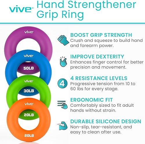 Miniatura 2 de Vive Anillo de agarre fortalecedor de mano (paquete de 6) – Ejercitadores de mano de anillo de antebrazo – Pinza exprimidora de silicona para