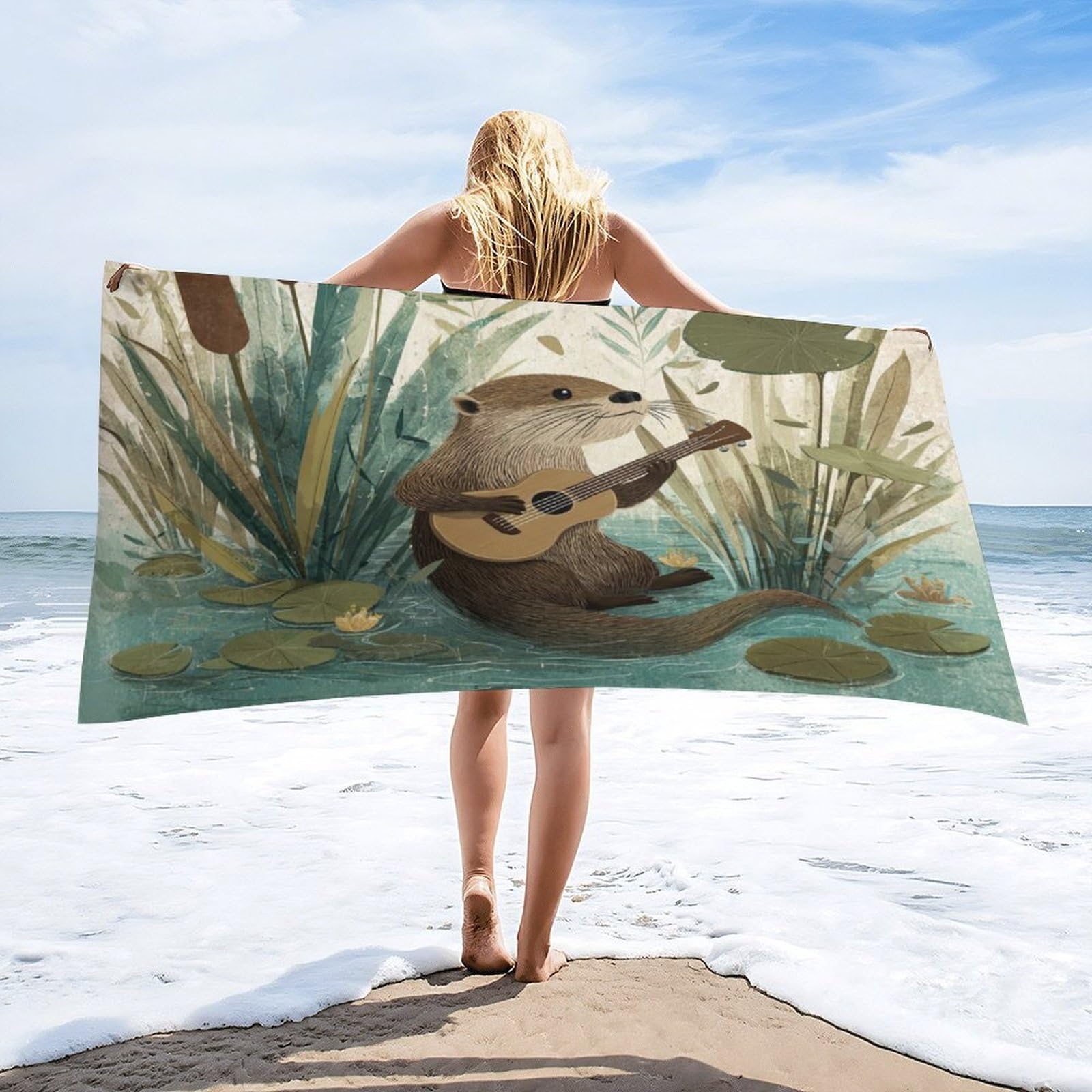 Luyysky Funny Cartoon Otter Playing Guitar Absorbent Beach Towel, Retro Oil Painting Music Theme Animal Otter Lotus Leaves Outdoor Single-Sided Velvet Beach Towel-80 W Cm X 160" L Cm