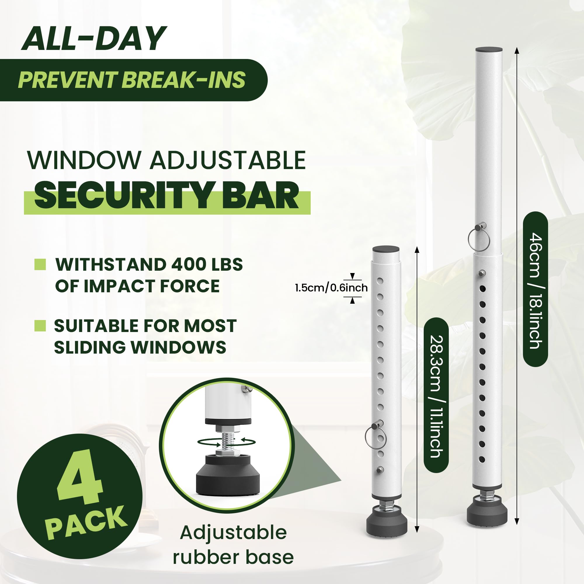 Barra de seguridad ajustable pequeña para ventana, 11-18 pulgadas, color blanco, paquete de 4