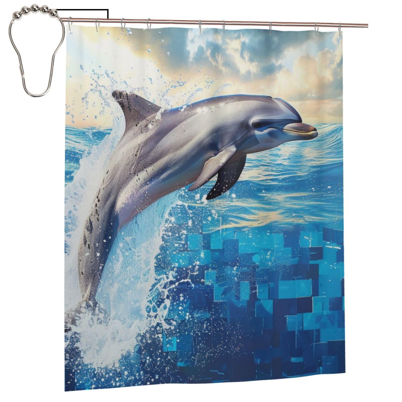 BWWHCCTI Dolphin Printed Shower Curtain With 12 Iron Hooks Opaque Quick Drying Waterproof Shower Curtains Sets For Bathroom 152x183 Cm