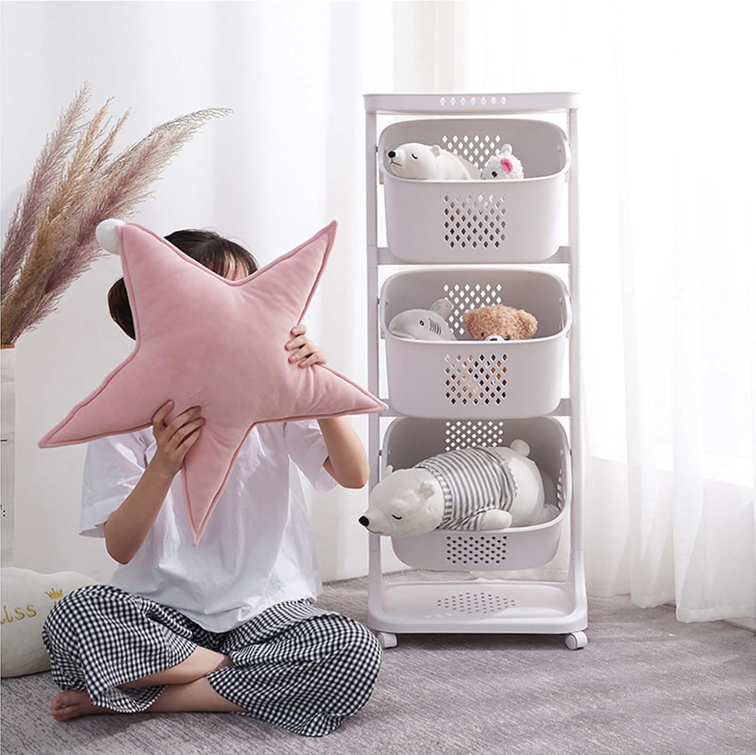 3-Tier Rolling Laundry Hamper Sorter with Wheels, with Handles & Wheels, Plastic Kids Laundry Hamper for Boys Girls Bedroom, Vertical Narrow Laundry Sorter for Bathroom,Colored,3rd floor
