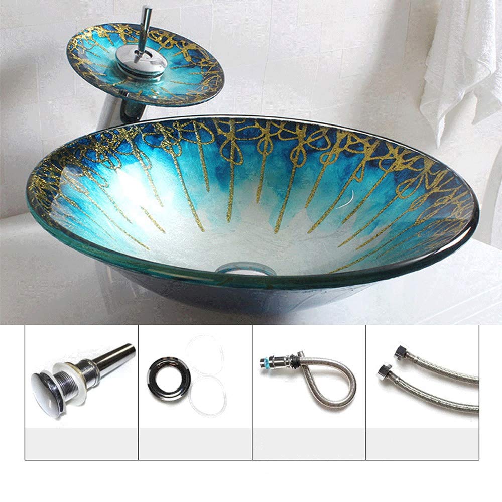 ASerZenith Gradient Color Artistic Vessel Sink Bowl-Shaped Tempered Glass Above Counter Bathroom Washing Basin Combo With Waterfall Faucet, Modern Lavatory Bowl, 17.71"