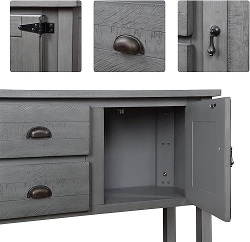 Miniatura 5 de LKTART Mesa consola de madera maciza con 2 cajones y 1 estante inferior, aparador de almacenamiento con 2 gabinetes, gabinete de buffet para sala de