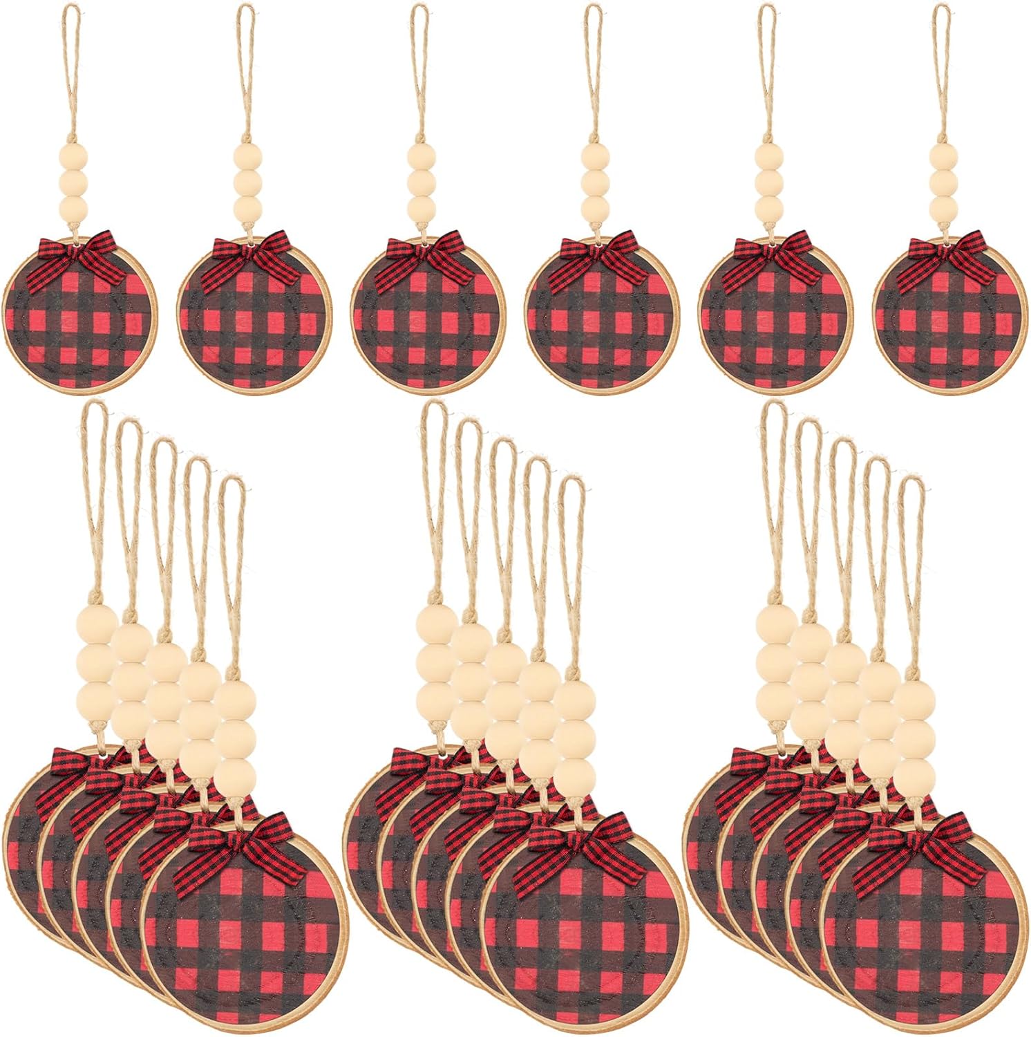 Sawysine 36 Pcs Wooden Christmas Ornament 2.8 to 3.2 Inch Craft Wooden Kit Natural Wood Slices with Round Natural Wood Beads and Buffalo Plaid Bow for Arts and Crafts Christmas Ornaments(Black, Red)