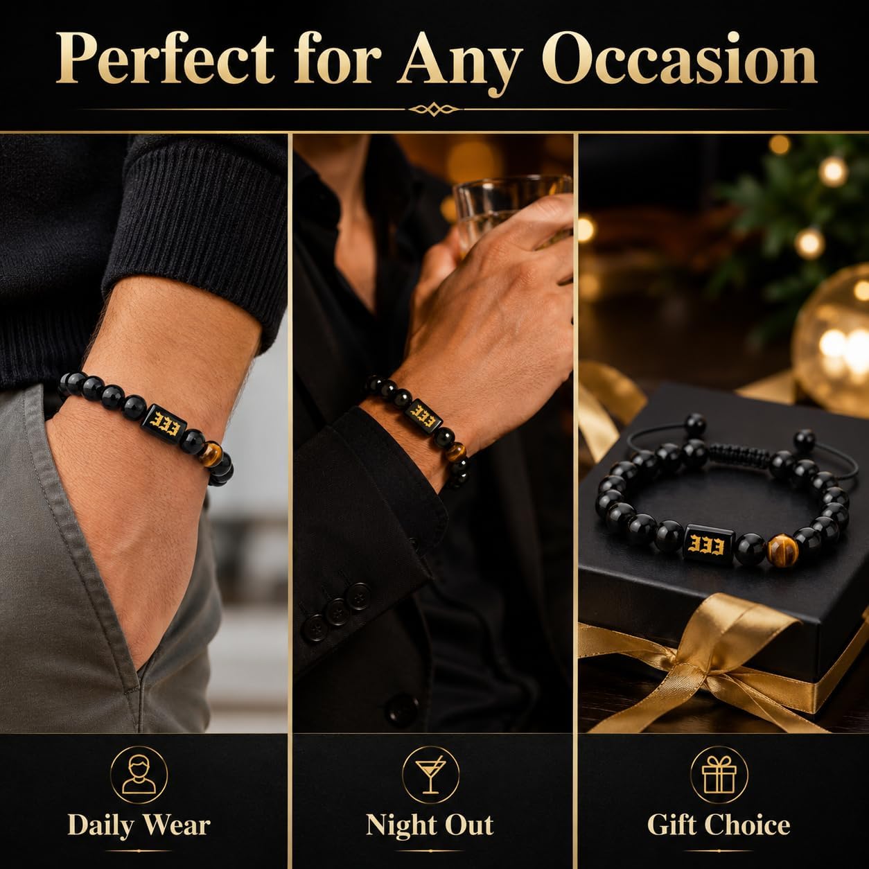 Black Onyx Tiger Eye Beaded Bracelet for Men Women,Adjustable 10mm Angel Number Bracelet,Black Bead Bracelet for Daily Wear or Special Occasion,Gift for Birthday&Anniversary&Father‘s Day