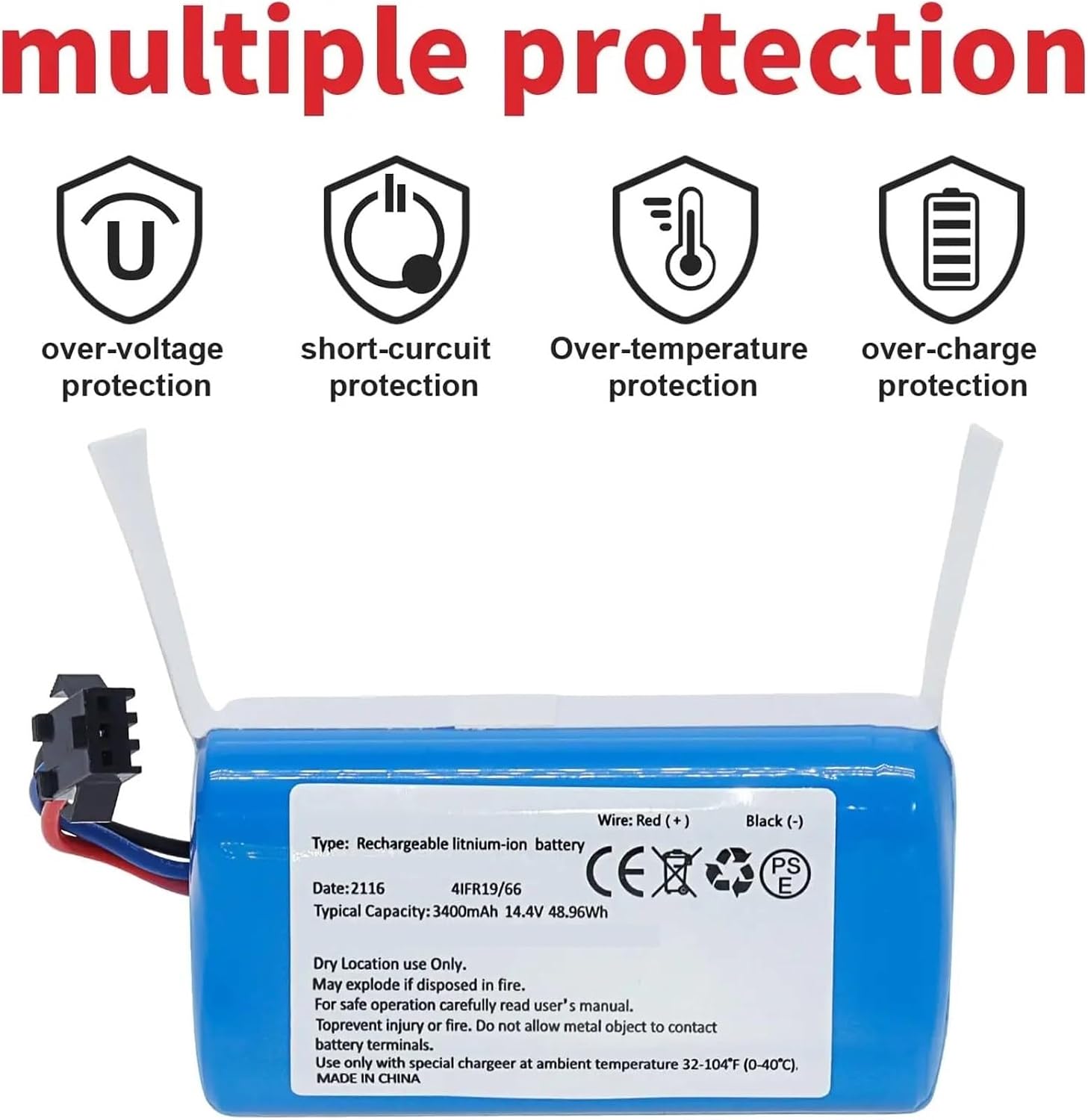 Rechargeable Battery,Compatible For AIRROBO, P20 91069 Robot Vacuum Cleaner Battery 14.4V 3400mAh