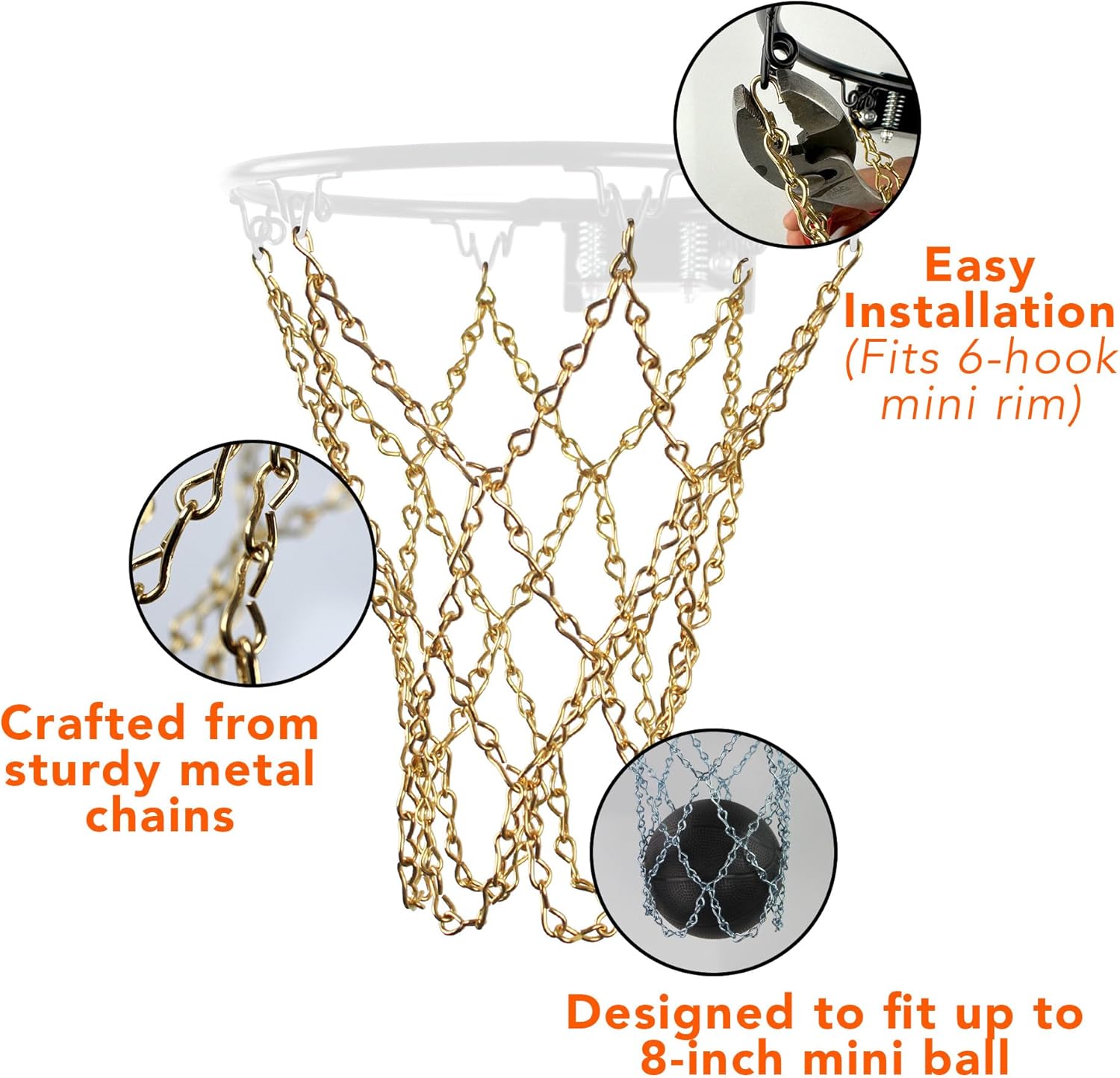 Basketball Chain Net for Mini Hoop (6 Hook), Metal Chain Links (Gold)