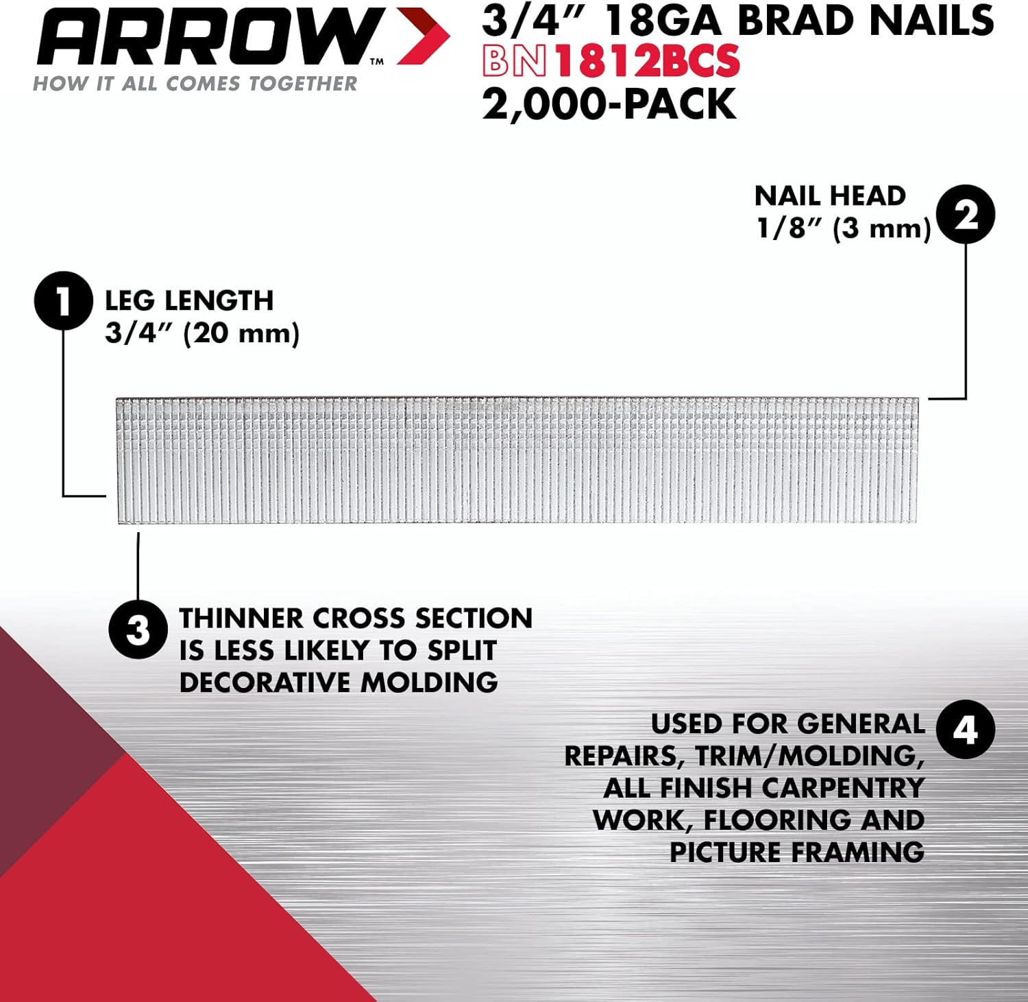 Arrow BN1812BCS 18-Gauge Steel Brad Nails for Molding, Cabinets, Framing, Trim, and Finishing, Safe to Use with Electric or Battery Powered Nailers, 3/4 Inch, 2000 Pack