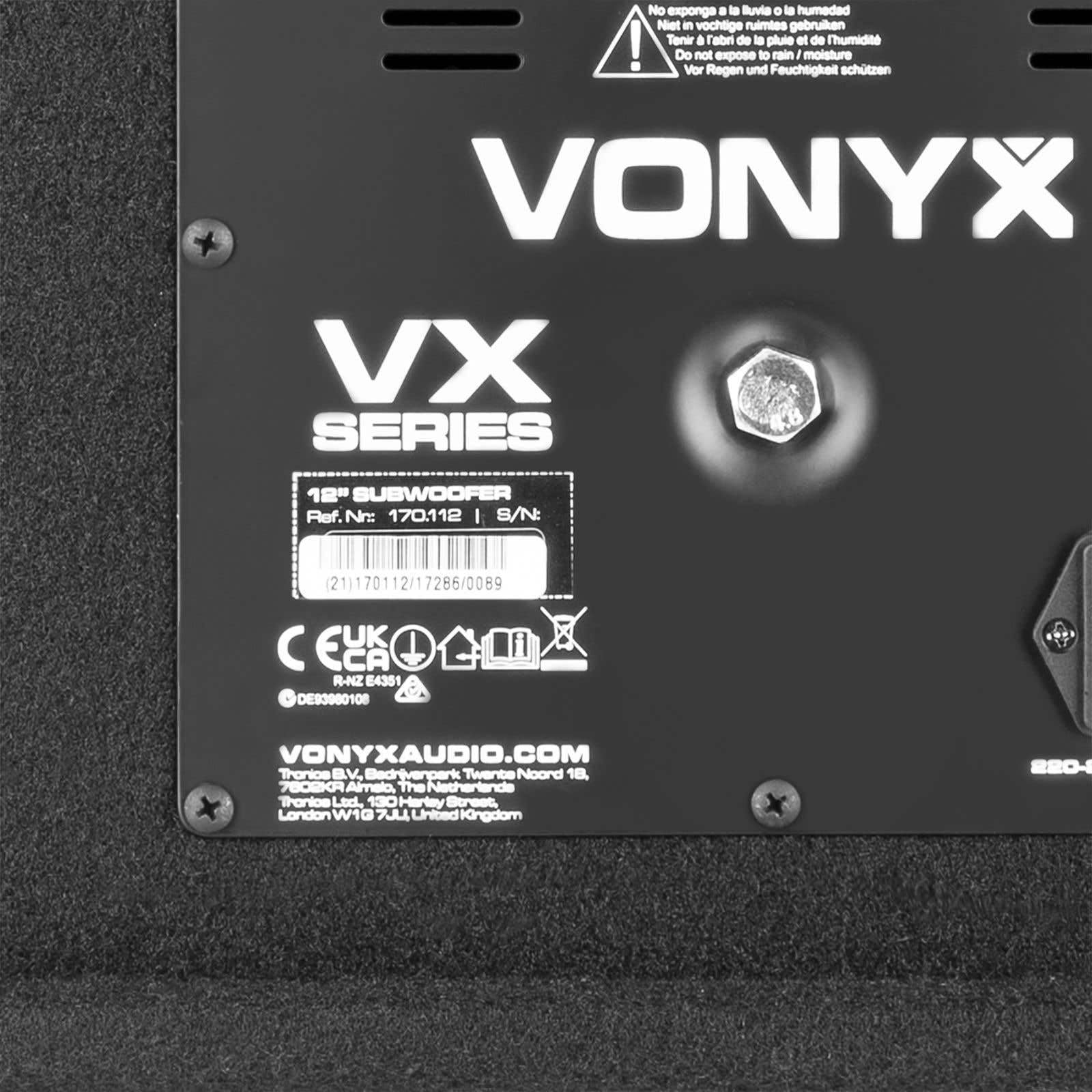Power Dynamics VX0812BT 2.1 aktywny dźwięk z subwooferem 12 cali, 2 głośniki 8 cali, Bluetooth, USB SD, 800 W, statywy, korektor, czarny dywan, wydarzenia i mobilni DJ-e